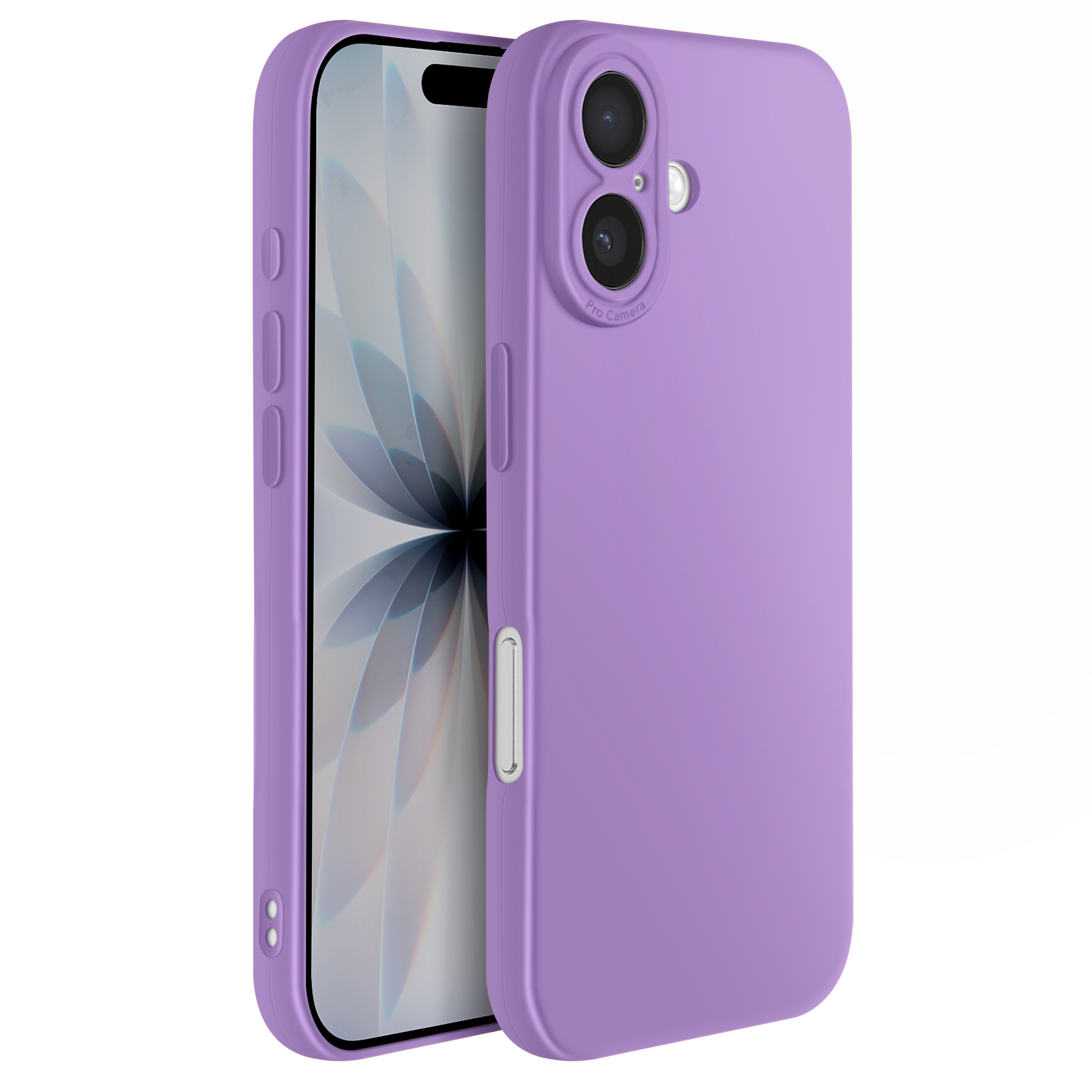 Een paarse telefoonhoes en een telefoon worden getoond. De telefoon zit in de hoes. De camera is zichtbaar.