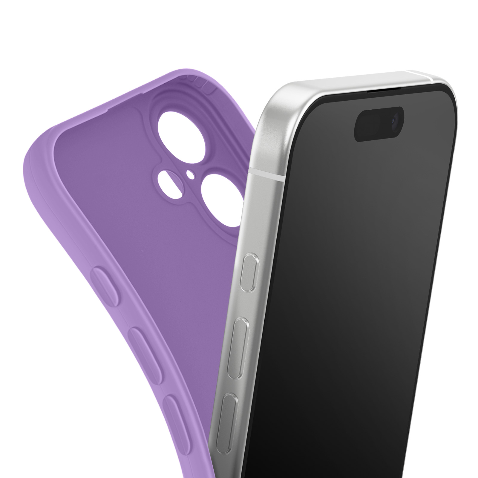 Een paarse telefoonhoes naast een zilveren smartphone met een zwart scherm. De hoes heeft knipgaten.