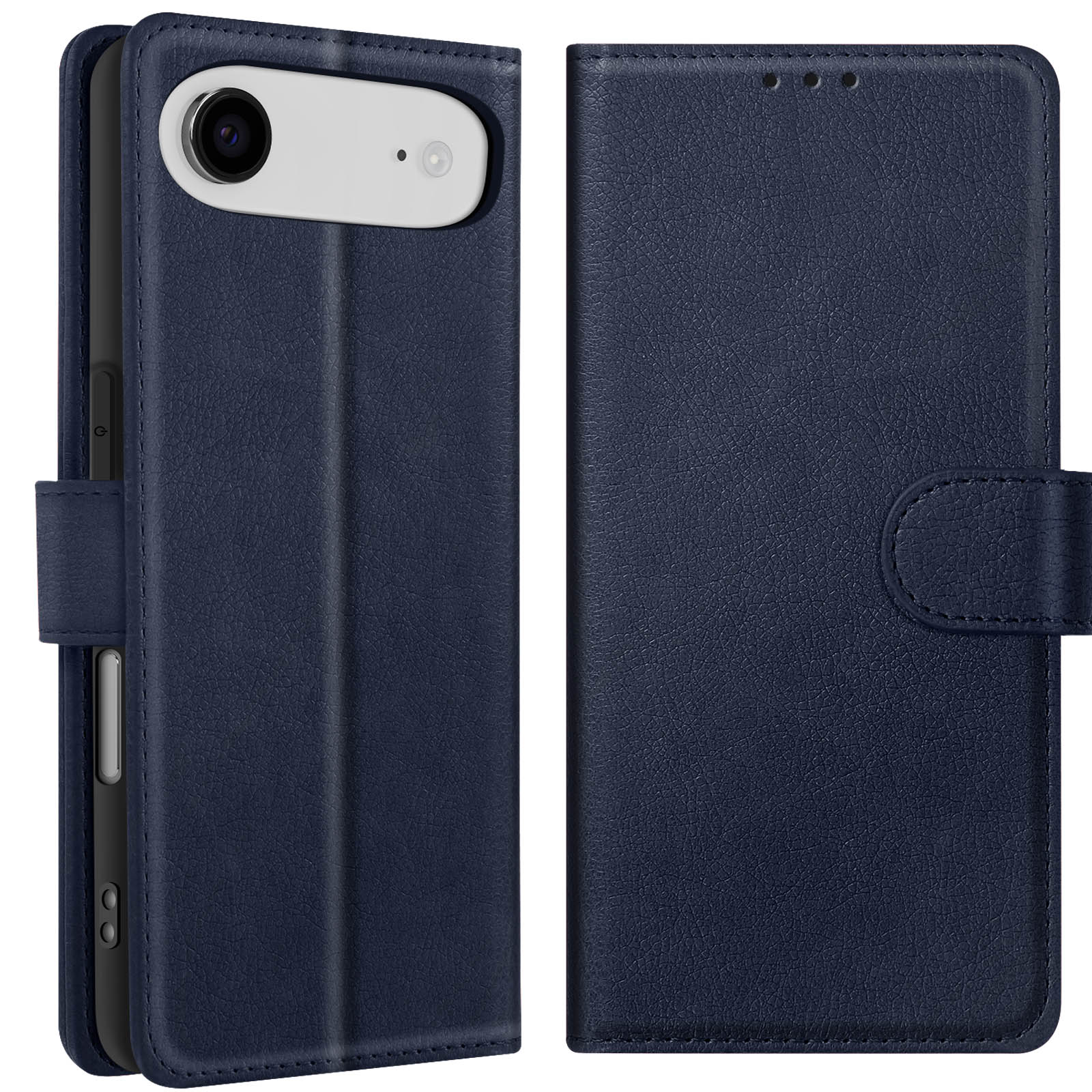 Una custodia per telefono in pelle blu, aperta a sinistra, che rivela un telefono. Il lato destro della custodia è chiuso.