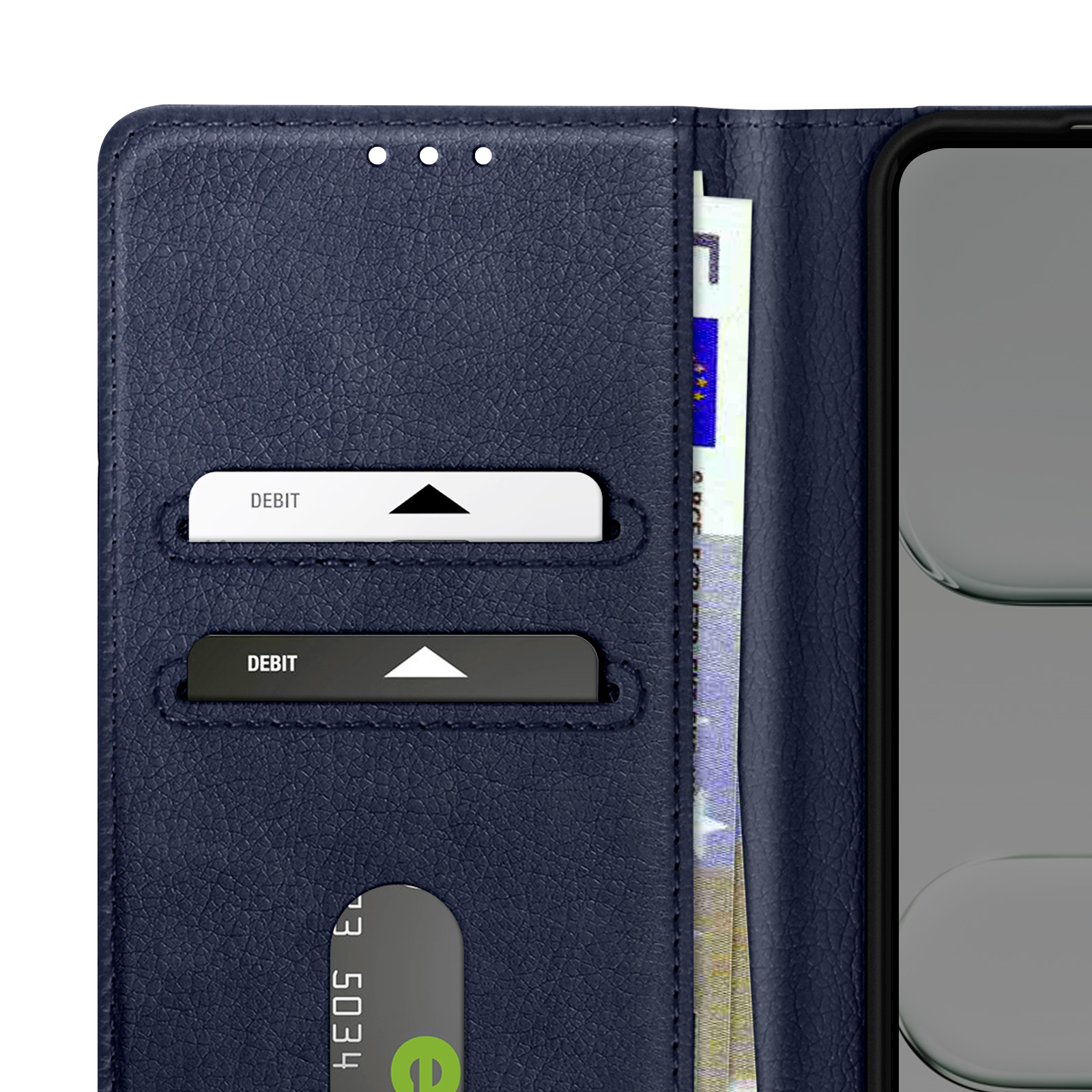 Portafoglio blu scuro con due scomparti per carte di debito, una banconota e un telefono. Le carte dicono 'DEBIT'.