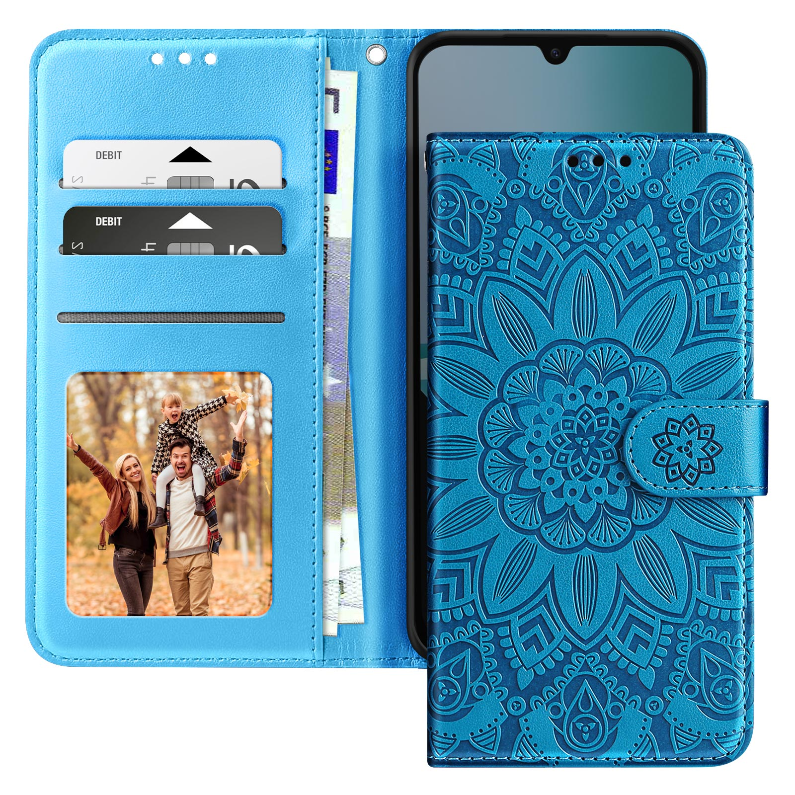 Custodia blu per telefono con design mandala. All'interno: carte, denaro, una foto di famiglia. Il telefono è nero.