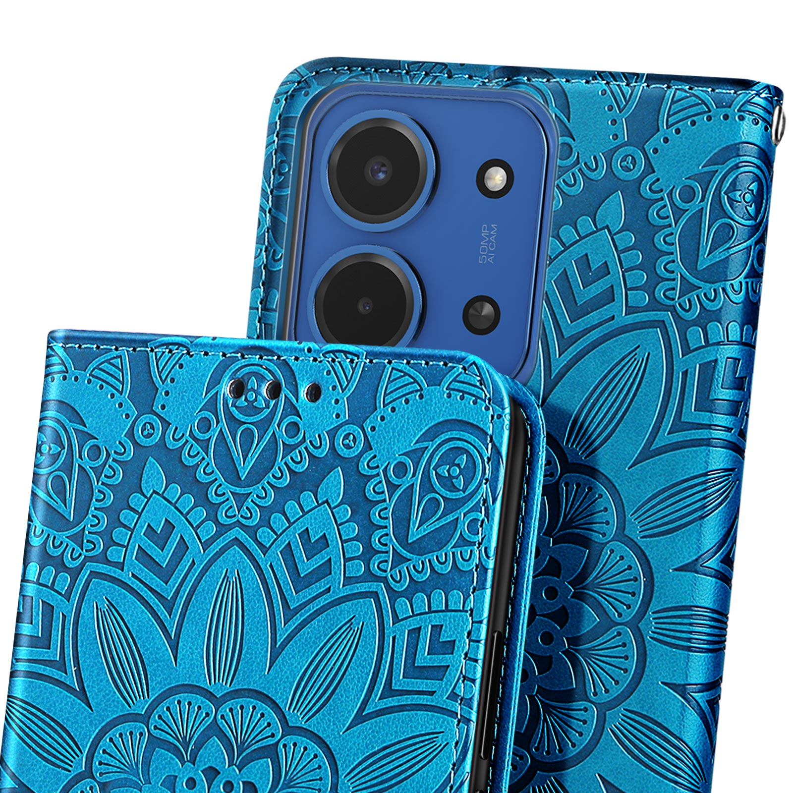 Una custodia blu per telefono con motivo floreale. La fotocamera del telefono è visibile. La custodia è aperta.