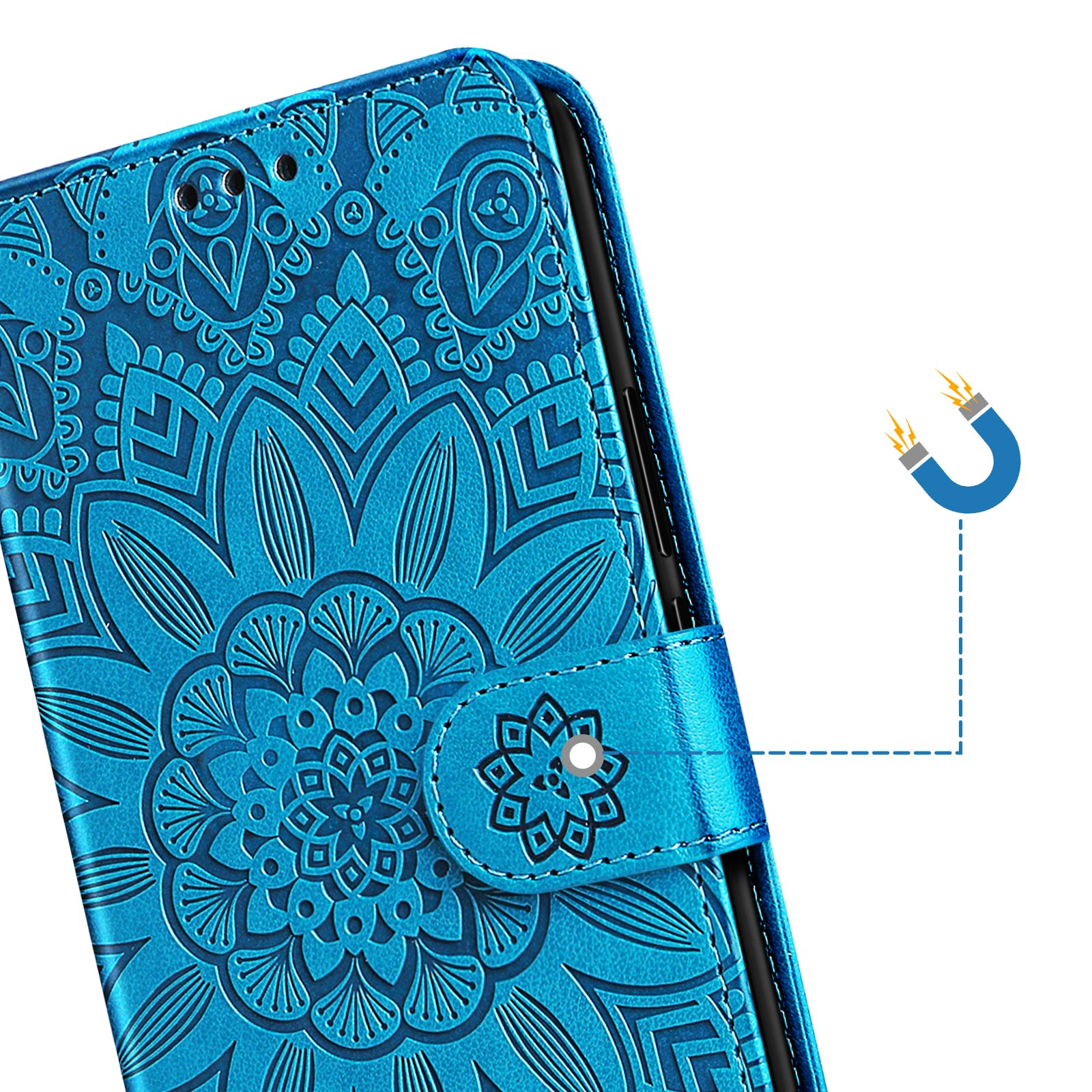 Una custodia blu per telefono con motivo floreale. Un'icona a calamita indica la chiusura.