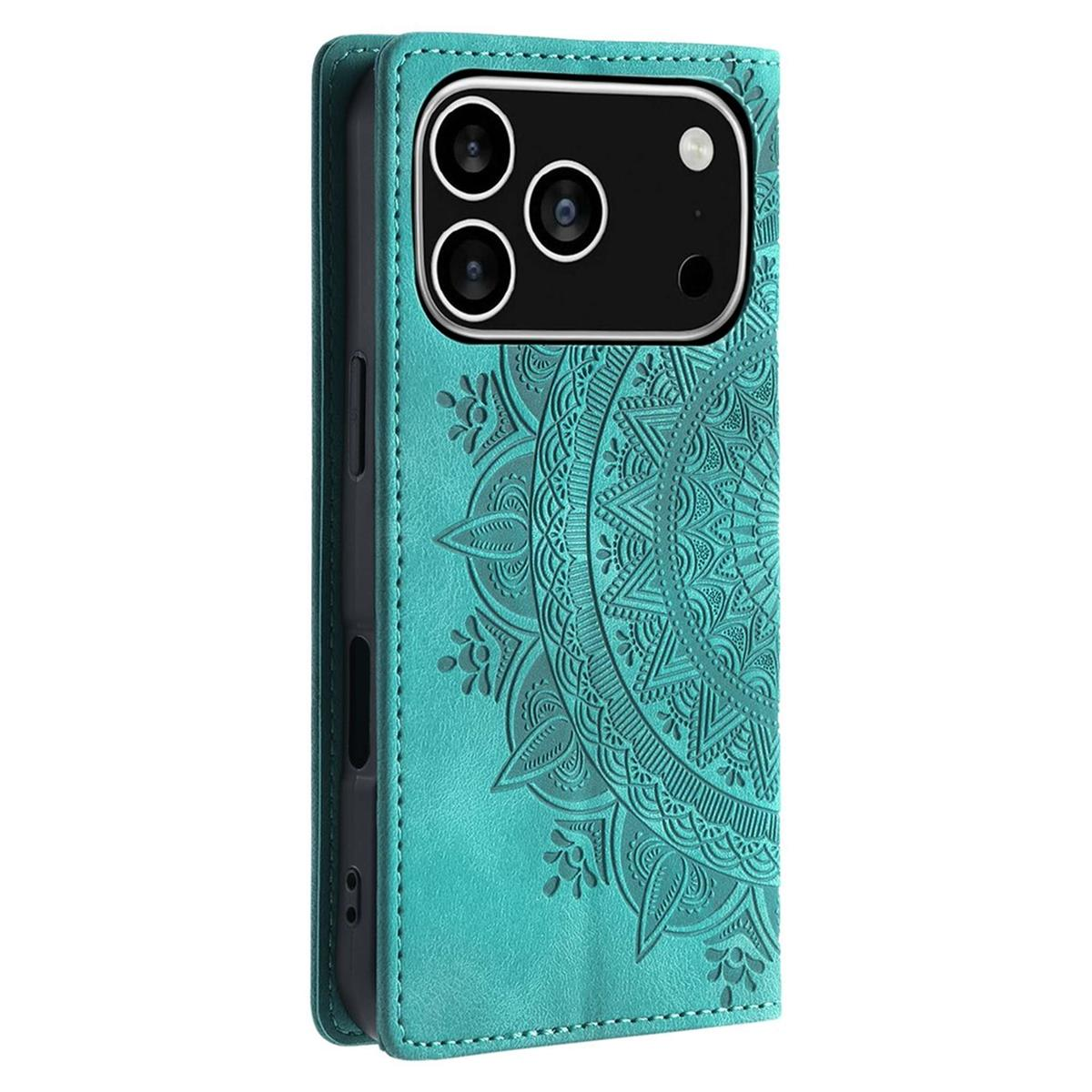 Eine türkisfarbene Handyhülle mit Mandala-Design und einem Telefon mit mehreren Kameras. Die Hülle ist offen.