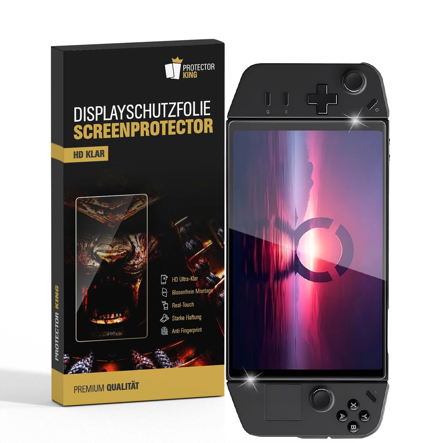 Ein schwarzes Handheld-Spielgerät mit Displayschutzfolie neben einer Produktverpackung. Auf der Verpackung steht 'SCREENPROTECTOR' und 'HD Klar'.