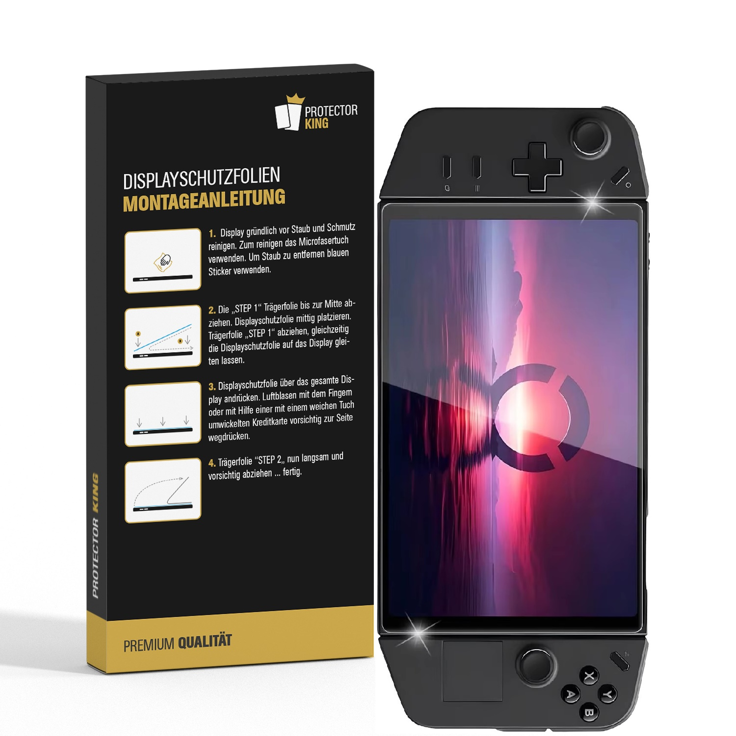 Ein schwarzer Gamecontroller mit Displayschutzfolie und Verpackung mit Anweisungen, weißem Logo und goldener Schrift.