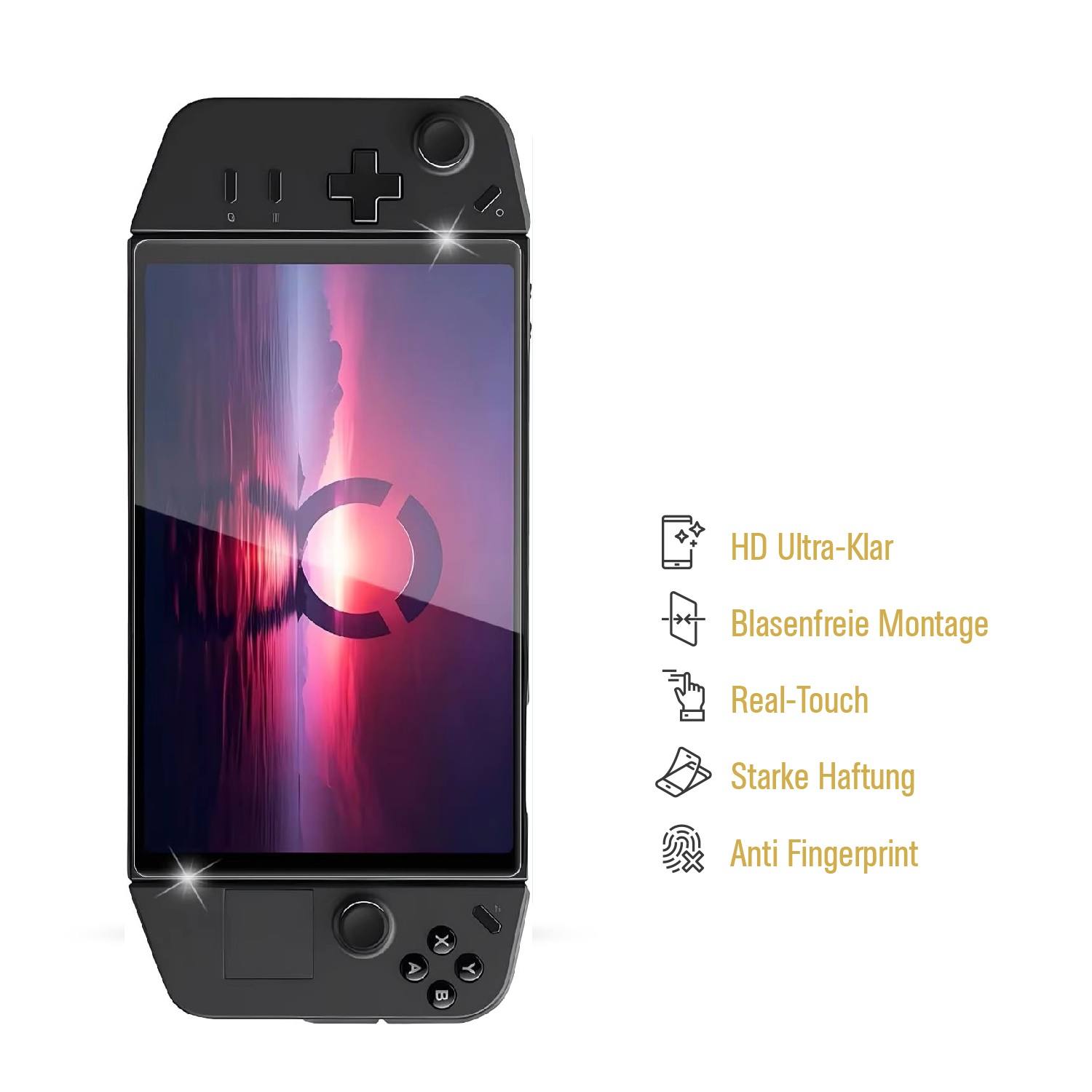 Ein schwarzes Handheld-Spielgerät mit einem Bildschirm, der einen bunten Hintergrund zeigt. Auf der Seite stehen die Worte: HD Ultra-Clear, Real-Touch usw.
