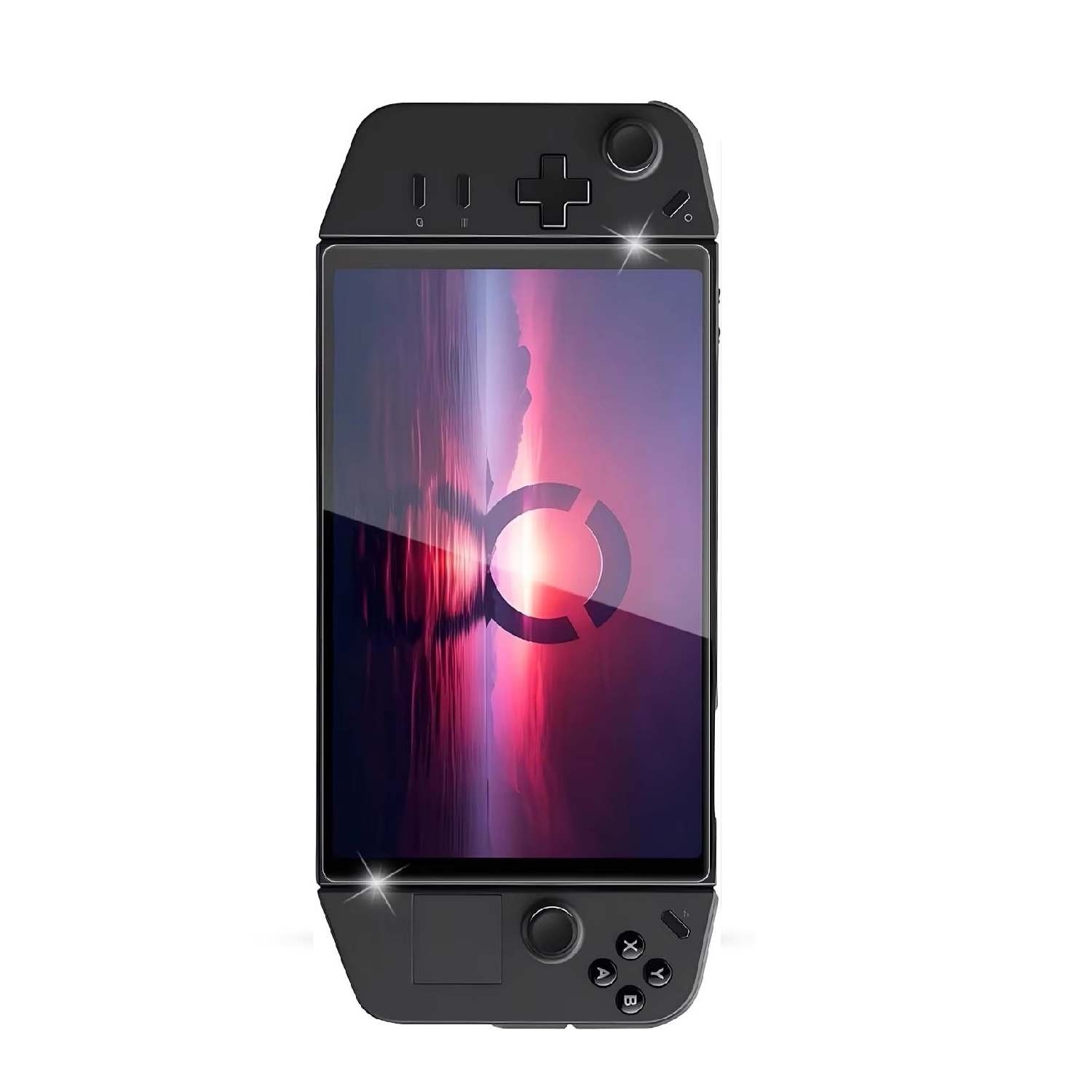 Schwarzes Handheld-Spielgerät. Auf einem Bildschirm wird ein farbenfrohes Logo vor einem Hintergrund mit Farbverlauf angezeigt. Steuertasten sind sichtbar.