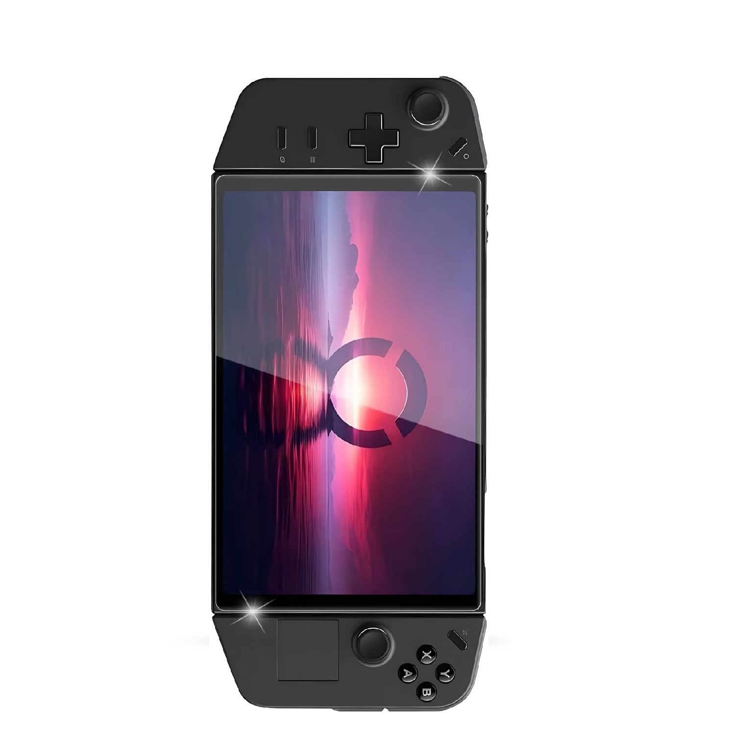 Ein schwarzes Handheld-Gaming-Gerät mit einem Bildschirm, der einen Sonnenuntergang und ein Logo zeigt. Es hat Knöpfe, einen Joystick und ein Steuerkreuz.