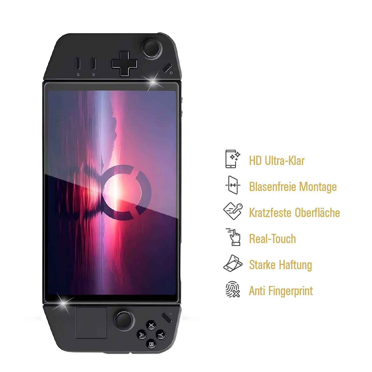 Eine schwarze Handheld-Konsole mit einem Bildschirm, der ein farbenfrohes Bild anzeigt. Text rechts beschreibt Funktionen wie HD-Klarheit.