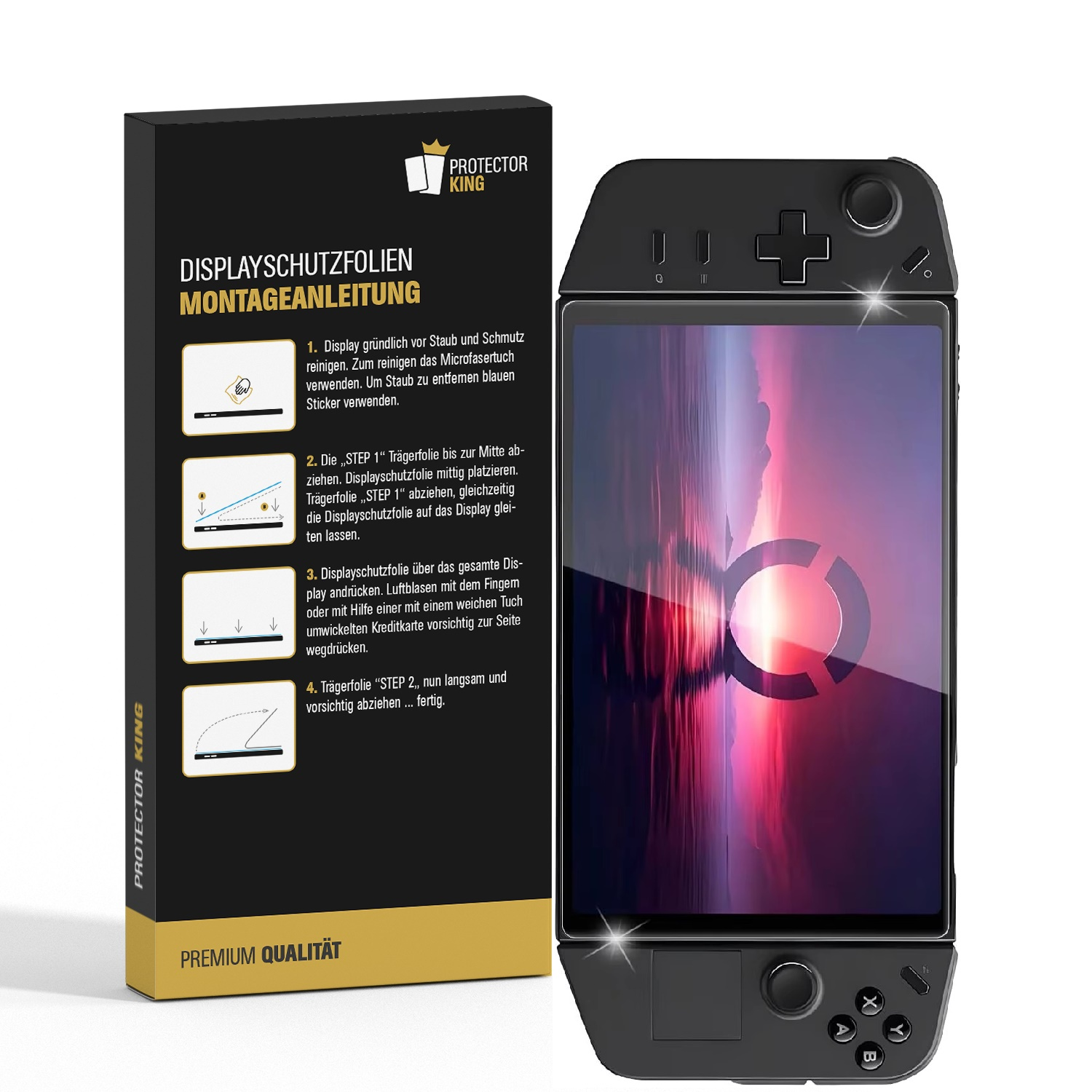Ein schwarzes Handheld-Gaming-Gerät mit Displayschutzfolie und Installationsanweisungen auf einer schwarzen Box.