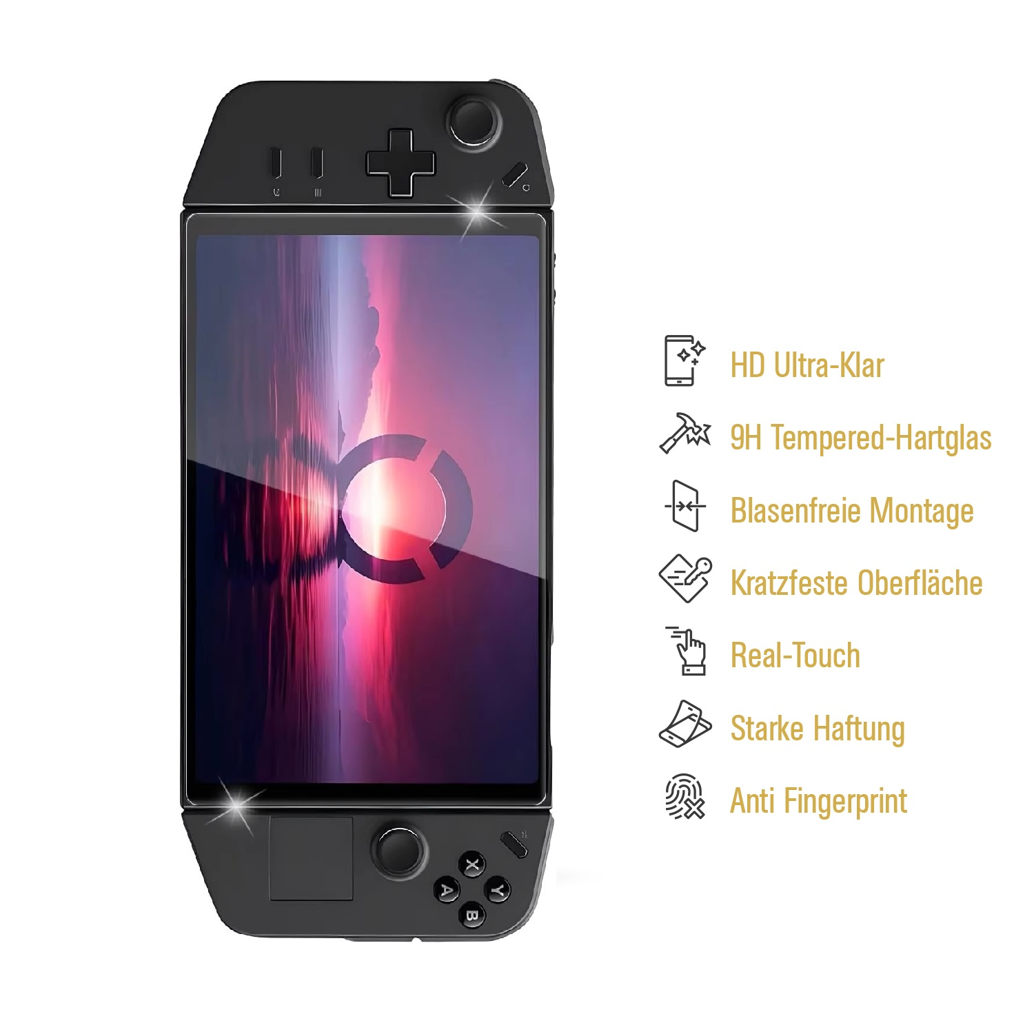 Schwarzes Handheld-Gaming-Gerät mit Bildschirm mit farbigem Bild. Merkmale sind Knöpfe und ein Joystick. Text erwähnt Funktionen.