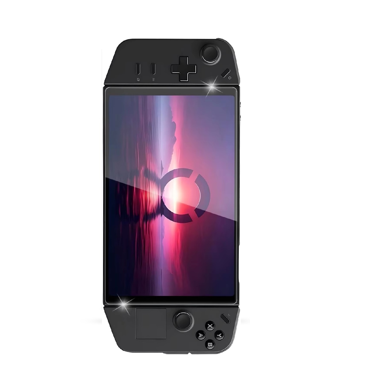 Gezeigt wird ein schwarzes Handheld-Spielgerät. Ein Bildschirm zeigt eine bunte Sonnenuntergangsszene. Das Gerät hat Knöpfe und einen Joystick.