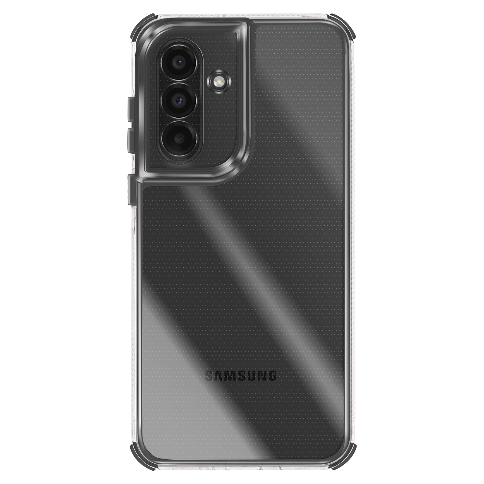 Een doorzichtige telefoonhoes op een witte achtergrond. De hoes heeft een zwart frame en bedekt een Samsung-telefoon met drie lenzen.