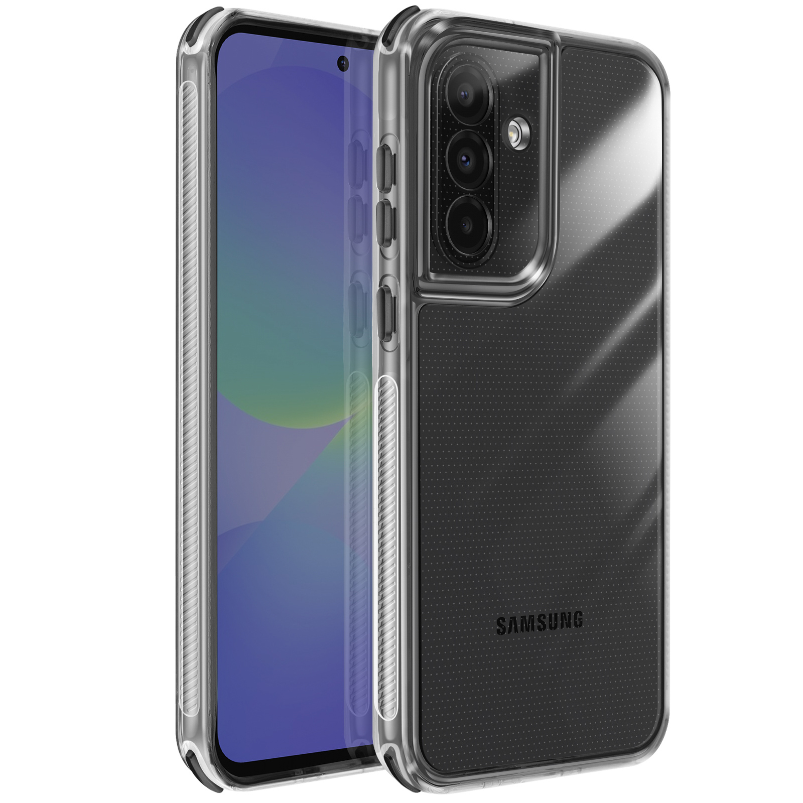 Een doorzichtige telefoonhoes met een telefoon erin. De telefoon heeft een blauwgroen scherm. De hoes heeft een zwarte gestippelde achterkant.