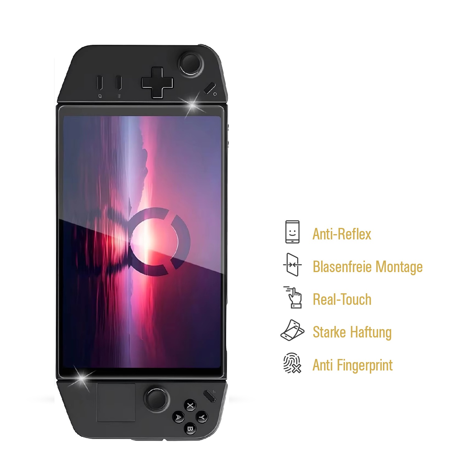 Schwarze Handheld-Konsole mit Displayschutz. Merkmale sind Tasten, Joystick und Text: Anti-Reflex, Real-Touch und Anti Fingerprint.