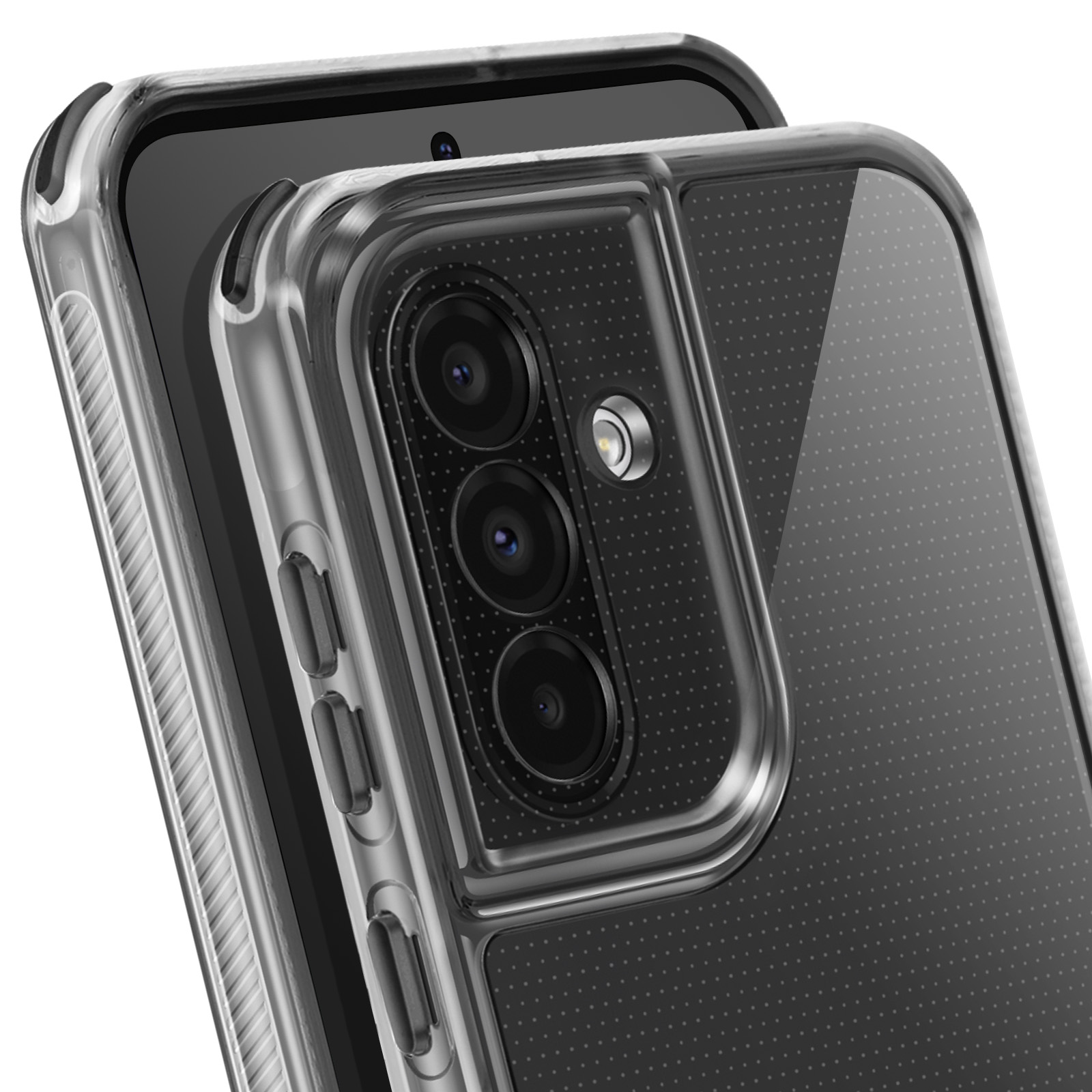 Close-up van een doorzichtige telefoonhoes over een zwarte telefoon. De hoes heeft uitsparingen voor de camera en knopafdekkingen.