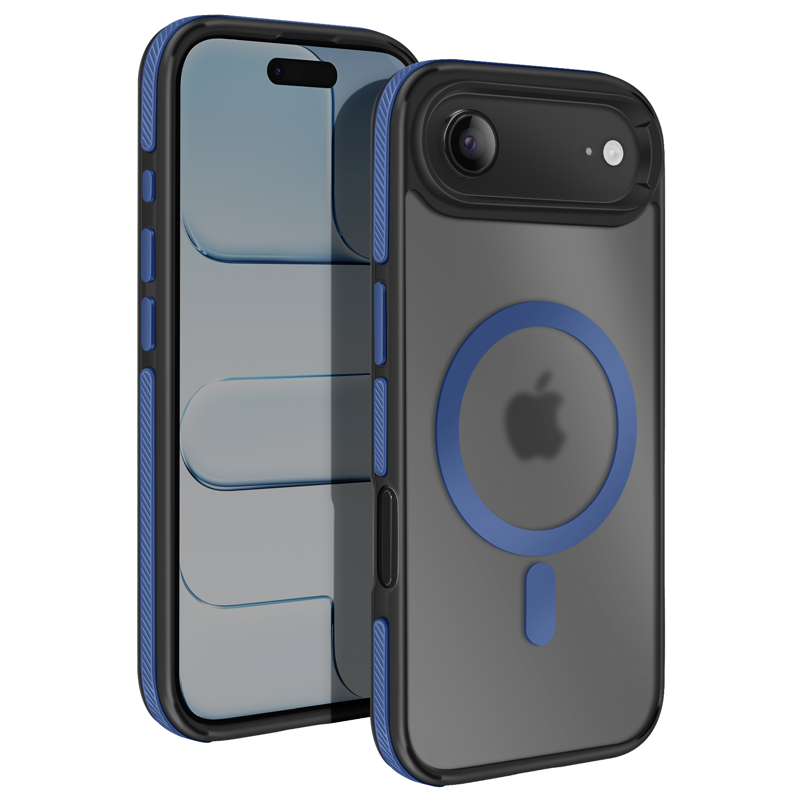 Una custodia trasparente per telefono con un anello blu e un accento blu, e un iPhone all'interno. La custodia ha un'area fotocamera nera.