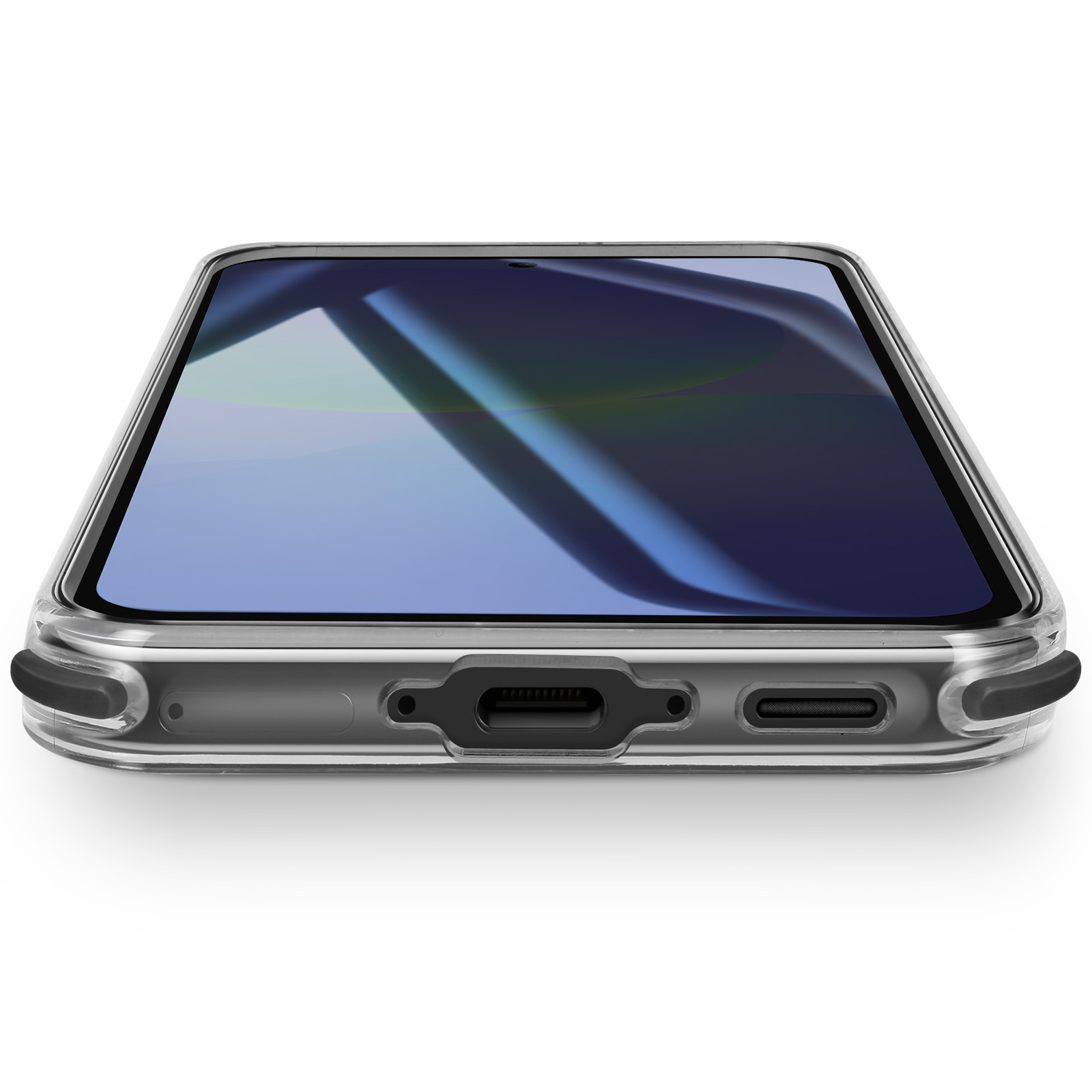 Een doorzichtige telefoonhoes op een witte ondergrond. Het scherm toont een blauw-witte gradiënt. Zwarte accenten zijn zichtbaar.