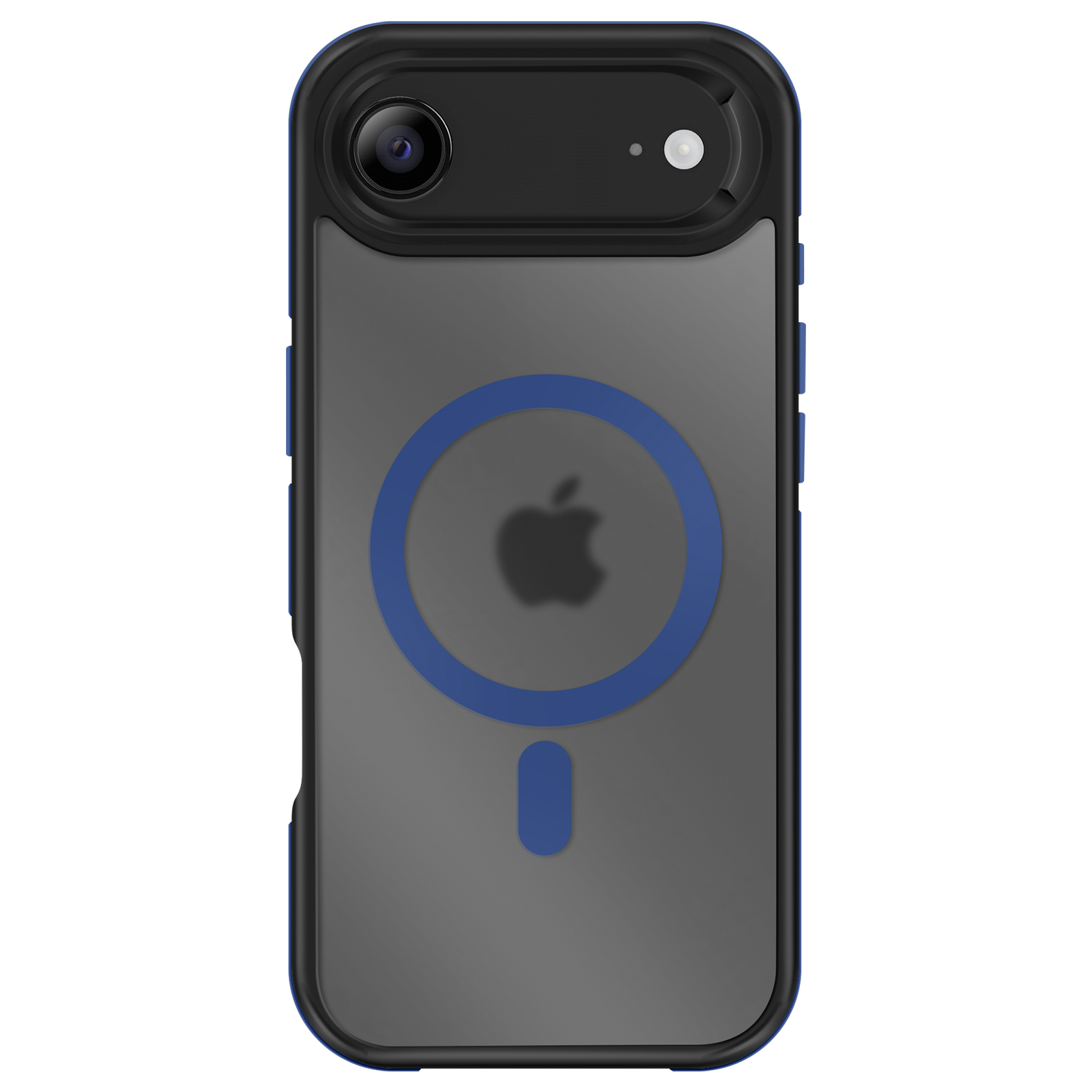 Custodia per telefono con area fotocamera nera e dettagli blu. Logo Apple visibile. Retro grigio trasparente.