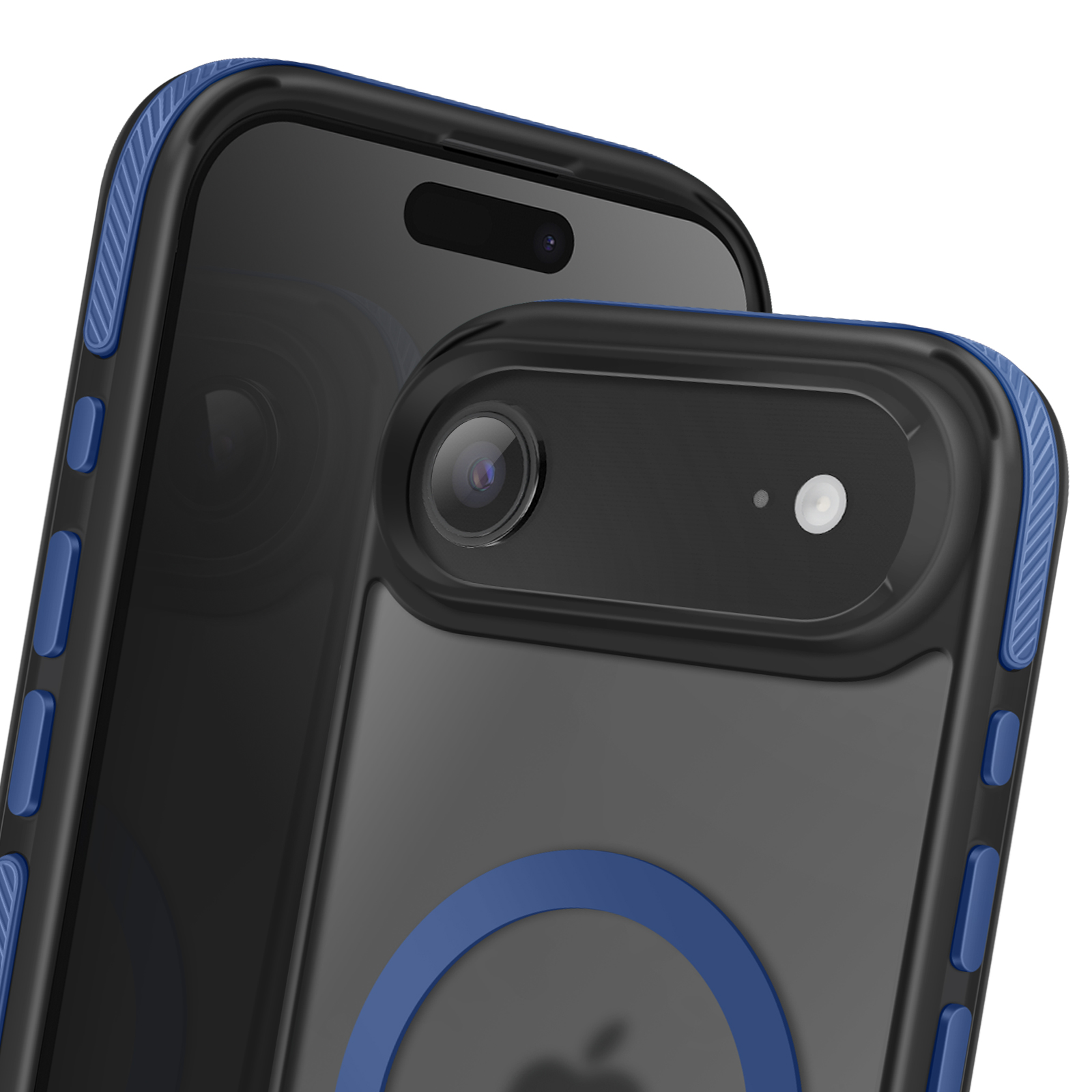 Due smartphone con custodie protettive. Telefono nero con un anello blu sul retro. Accenti blu sui lati.