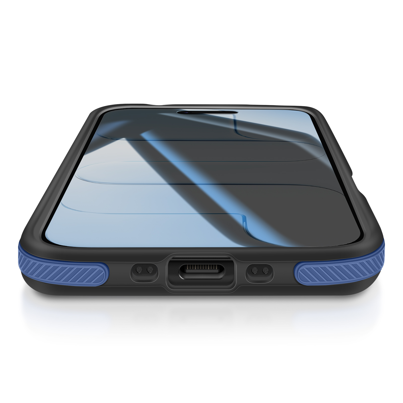 Uno smartphone nero in una custodia, con un accento blu sul bordo inferiore, su sfondo bianco.