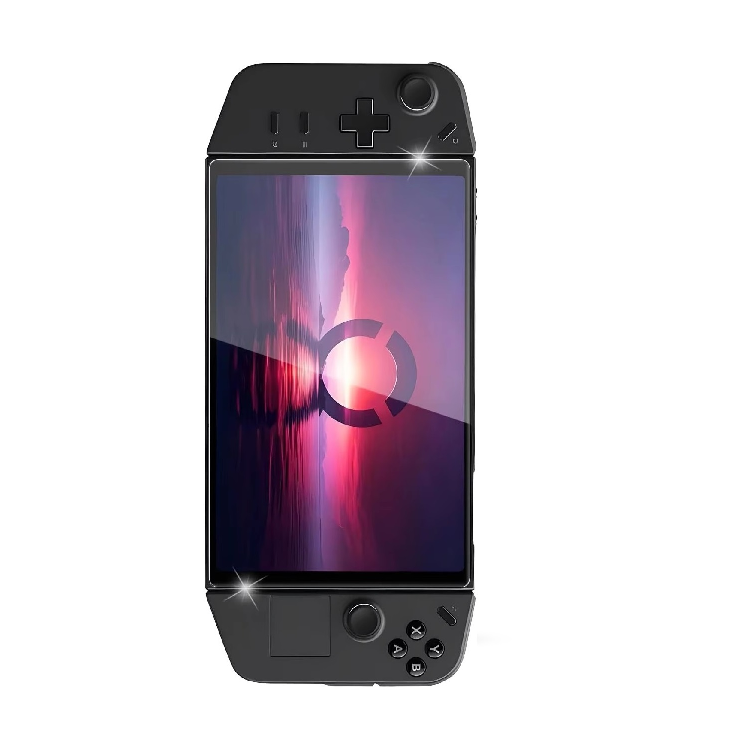 Schwarze Handheld-Spielekonsole mit Bildschirm, der ein Sonnenuntergangsbild zeigt. Hat Knöpfe und einen Joystick auf beiden Seiten.