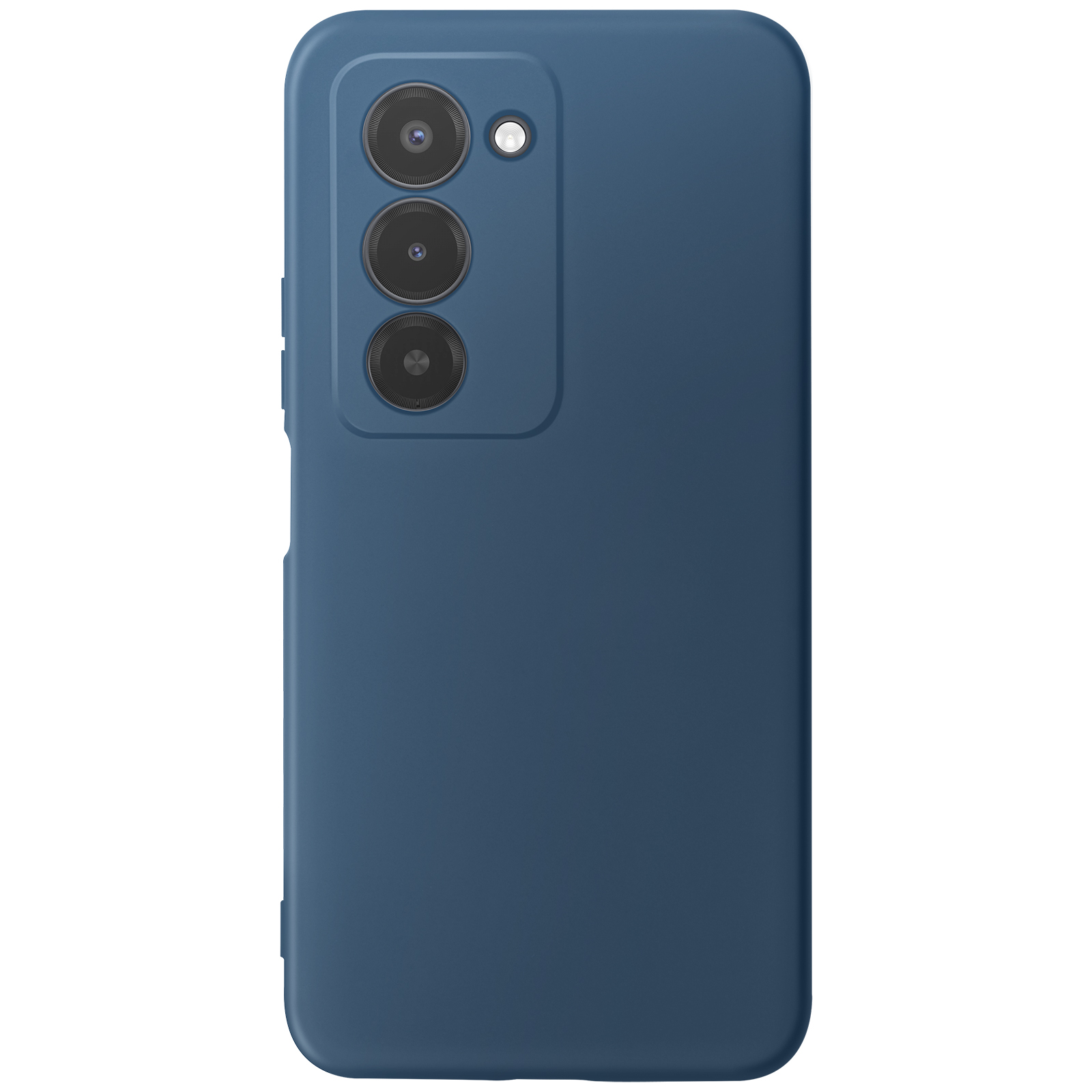 Une coque de téléphone bleu foncé avec trois objectifs et un flash. Elle est sur fond blanc.