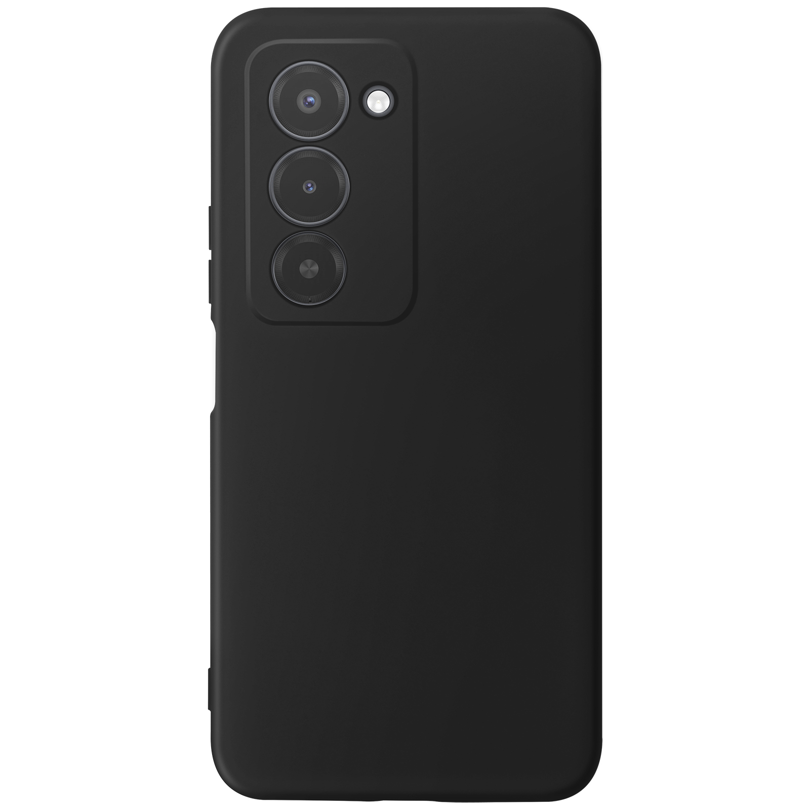Une coque de téléphone noire avec trois lentilles de caméra et un flash. La coque est de couleur noire unie.