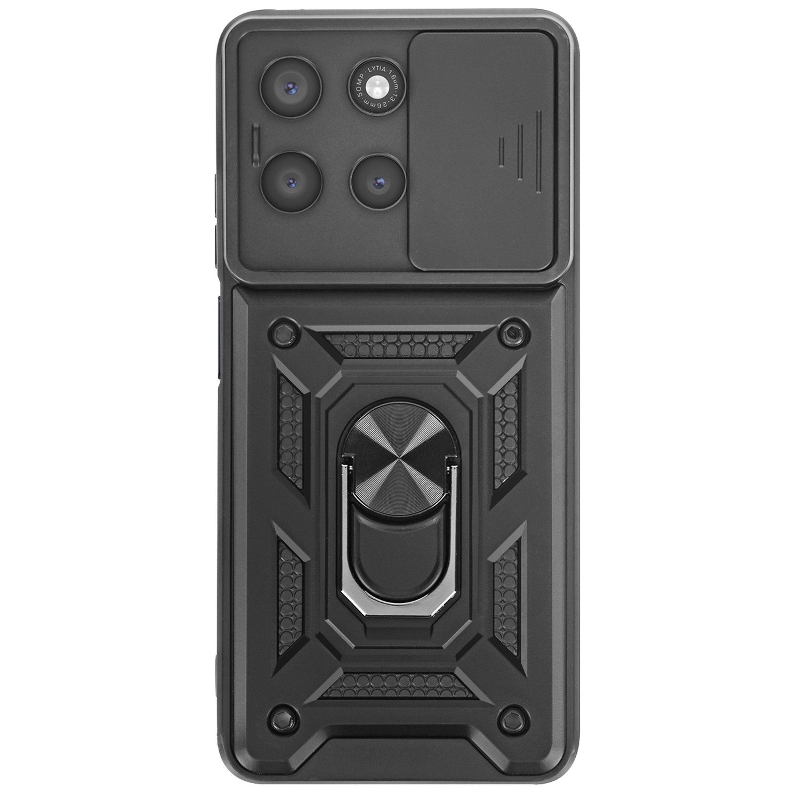 Custodia per telefono nera con ritagli per fotocamera e supporto ad anello. La custodia ha un design geometrico.