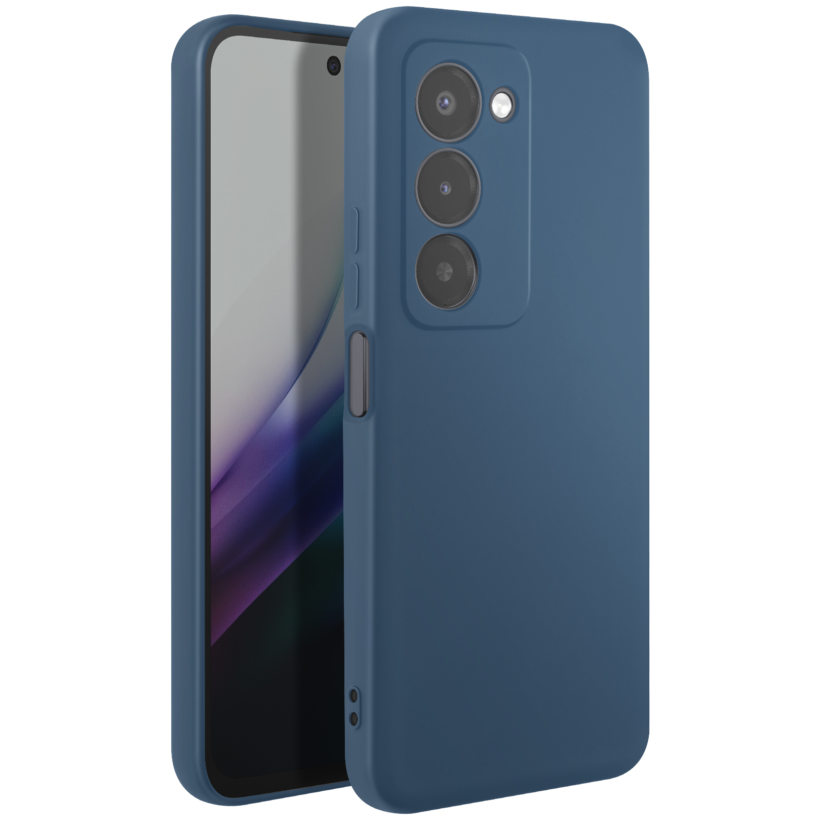 Un téléphone bleu avec un étui est affiché. L'étui comporte trois objectifs et un flash. L'écran est visible.