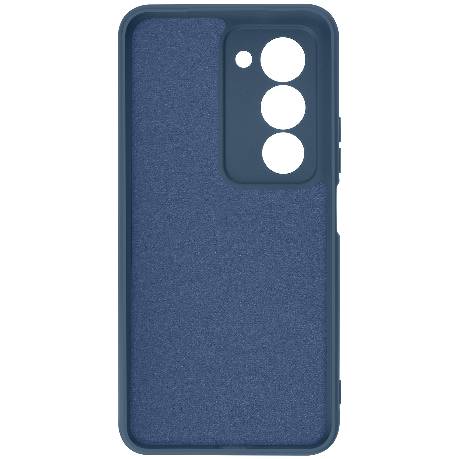 Coque de téléphone bleue avec découpes pour l'appareil photo. La coque a une surface texturée et un cadre bleu foncé.