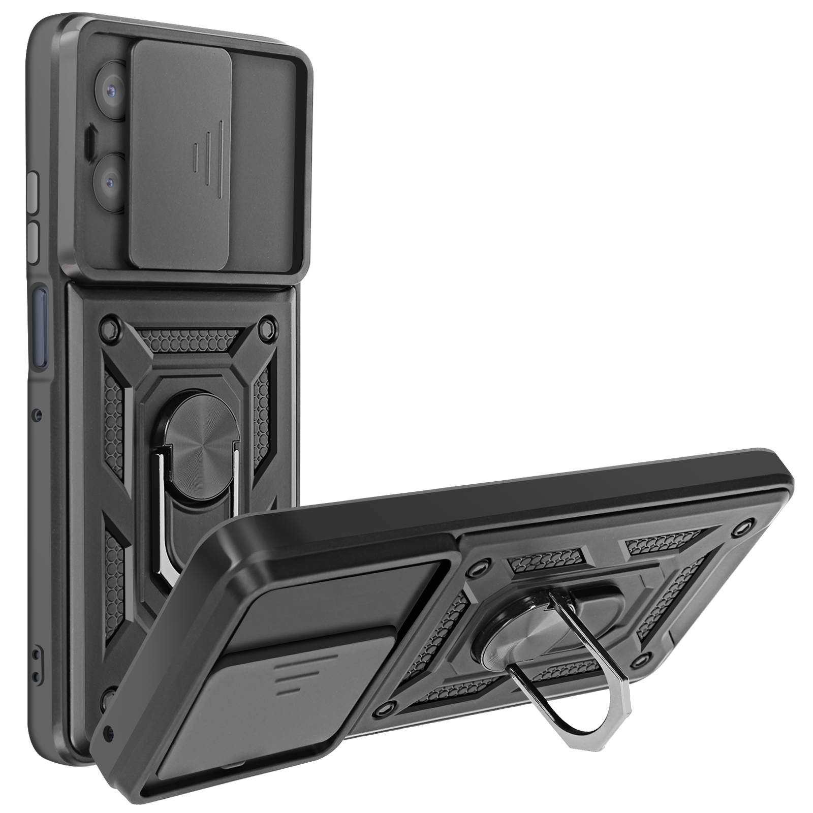 Custodia nera per telefono con copertura fotocamera, supporto e anello. È parzialmente aperta.