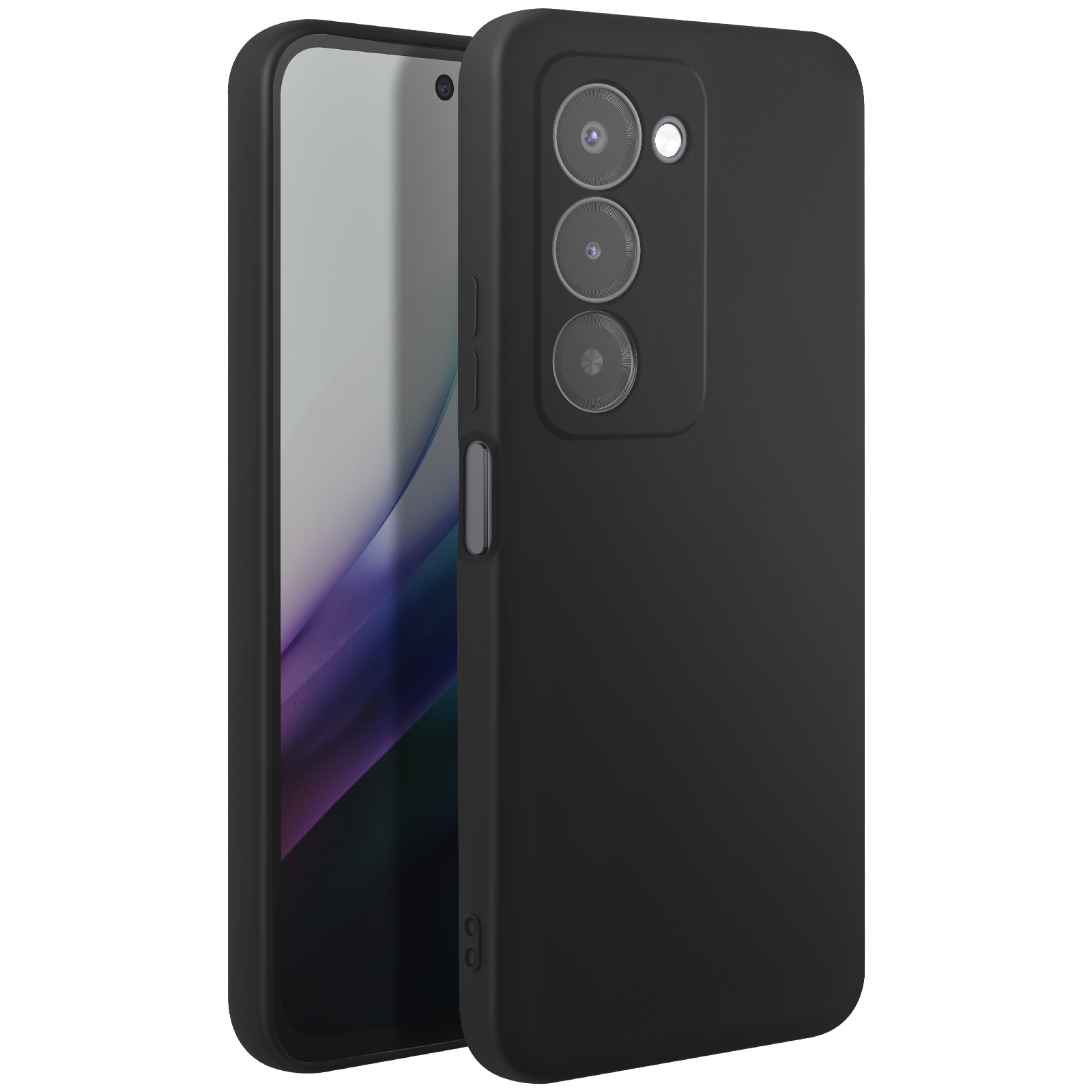 Un téléphone noir avec un étui, montrant l'écran et l'arrière, avec des caméras et un étui.