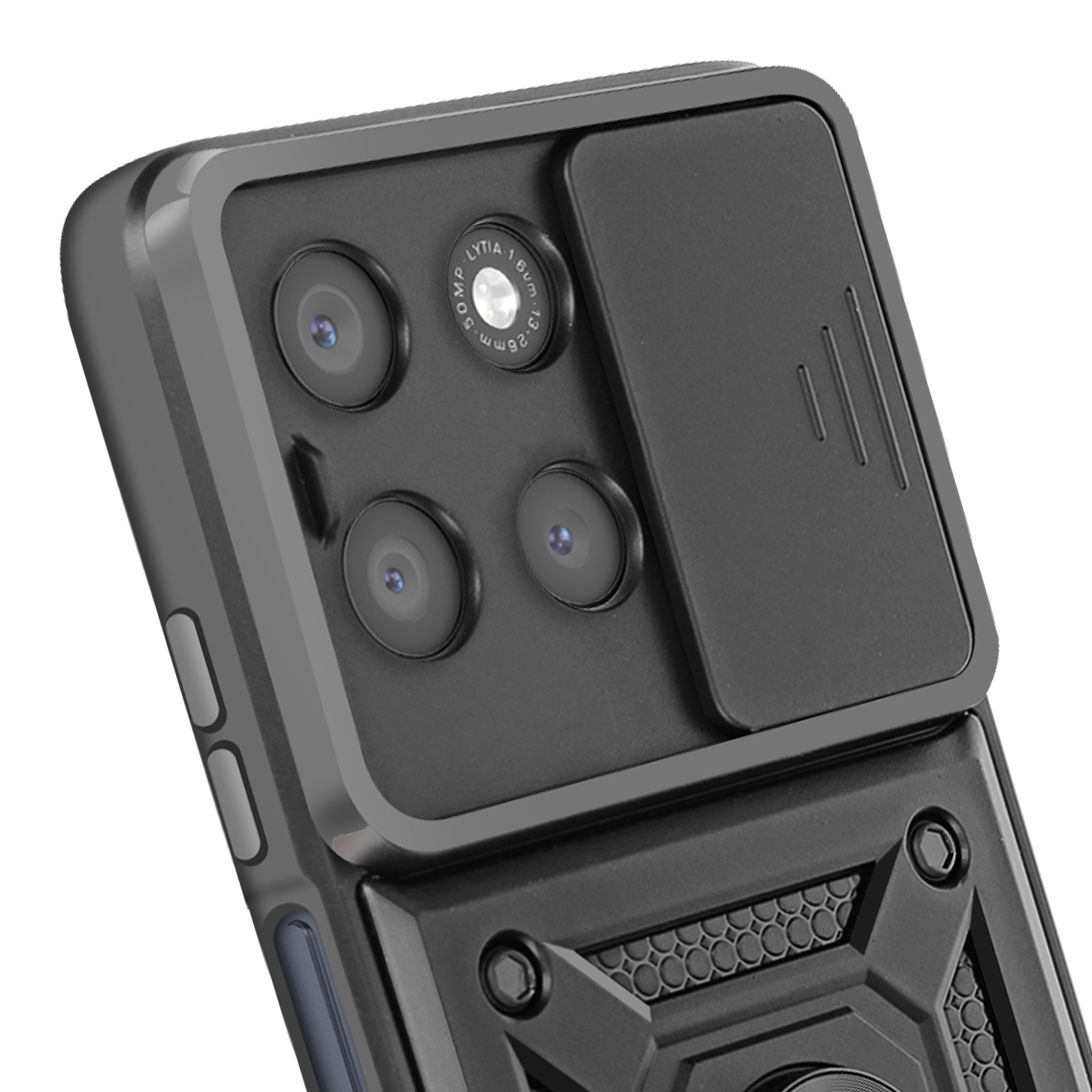 Custodia nera per telefono con tre obiettivi e una copertura scorrevole. La custodia ha un design strutturato.
