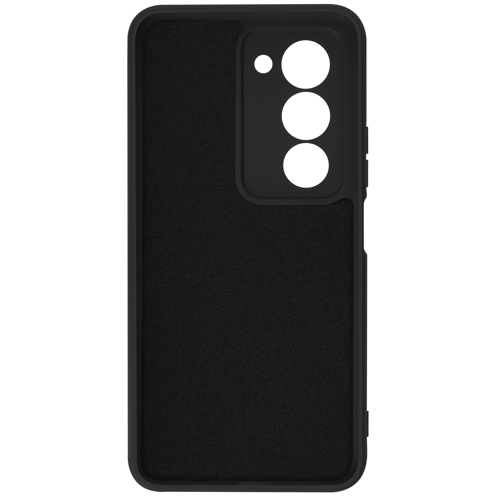 Une coque de téléphone noire avec des découpes pour l'appareil photo et les boutons. L'étui est texturé et rectangulaire.