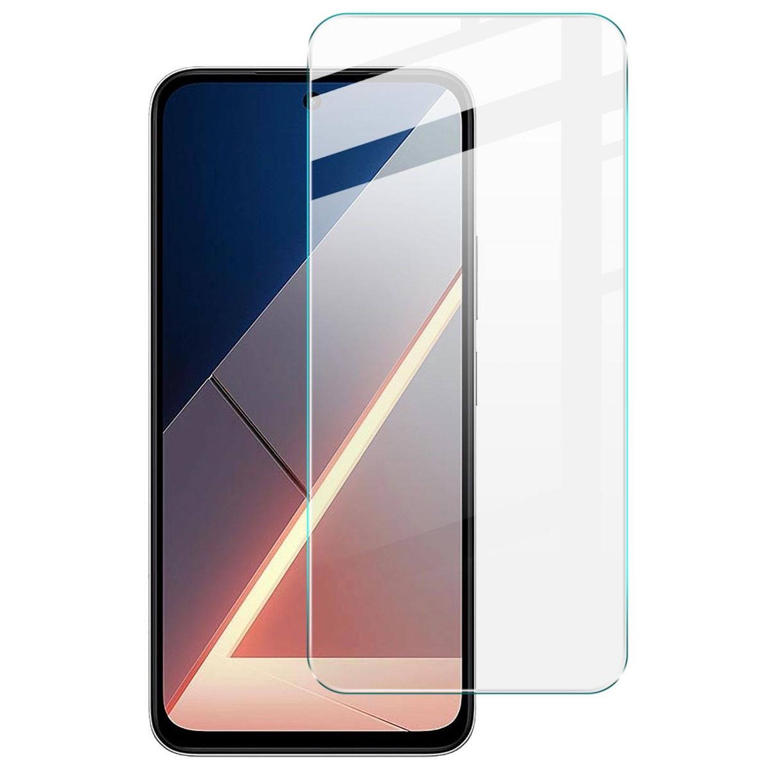 Ein Smartphone mit angebrachter Displayschutzfolie. Der Telefonbildschirm zeigt Farben, der Schutz ist transparent.