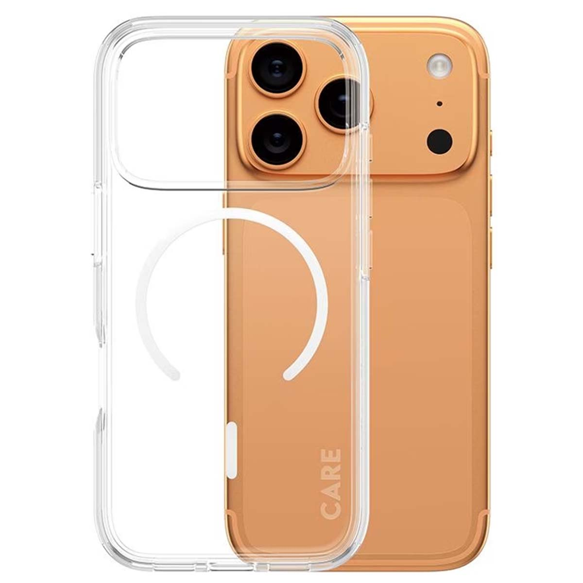 Turuncu bir telefon şeffaf bir kılıfın içinde. Kılıfın kavisli beyaz bir tasarımı var. Telefonun üç kamera merceği ve bir flaşı var.