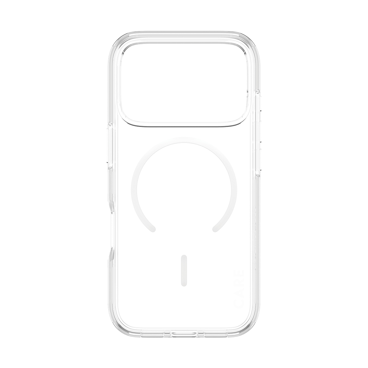 Kamera kesimi ve MagSafe dairesi olan şeffaf bir telefon kılıfı. Kılıf şeffaf ve parlak bir yüzeye sahip.