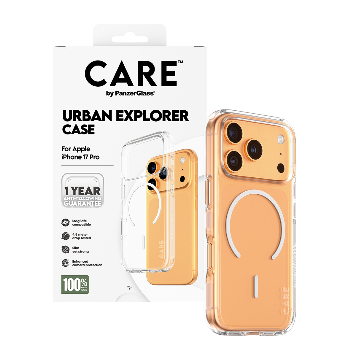 Custodia trasparente per iPhone 17 Pro, con un telefono arancione all'interno. La custodia ha un design circolare bianco. La confezione è bianca.