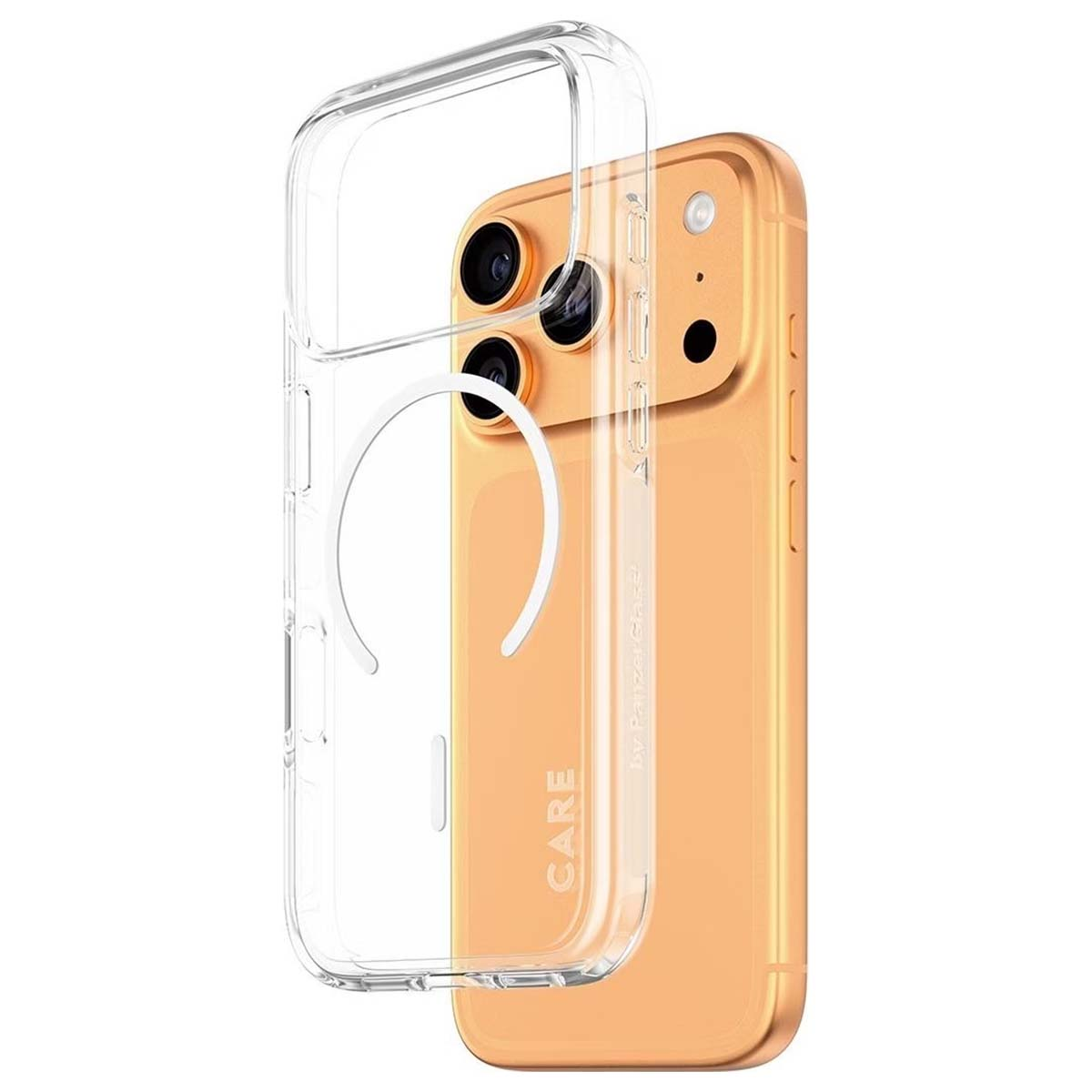 Şeffaf kılıflı turuncu bir iPhone, kamera lenslerini ve 'CARE' markasını sergiliyor.