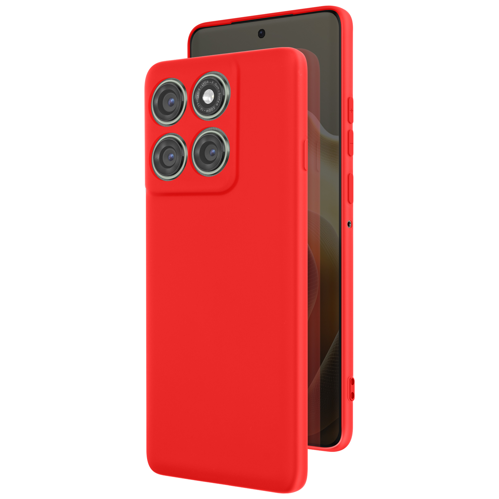 Een rode smartphonehoes met een telefoon erin. De hoes heeft vier cameralenzen. De telefoon is zwart en toont een scherm.