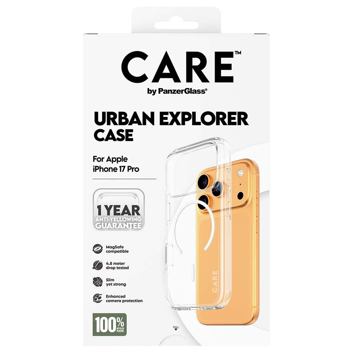 Bir telefon kılıfı kutusu, bir iPhone ile şeffaf bir kılıf gösterir. Metin 'CARE' ve 'URBAN EXPLORER CASE' içerir. MagSafe ve düşme koruması içerir.