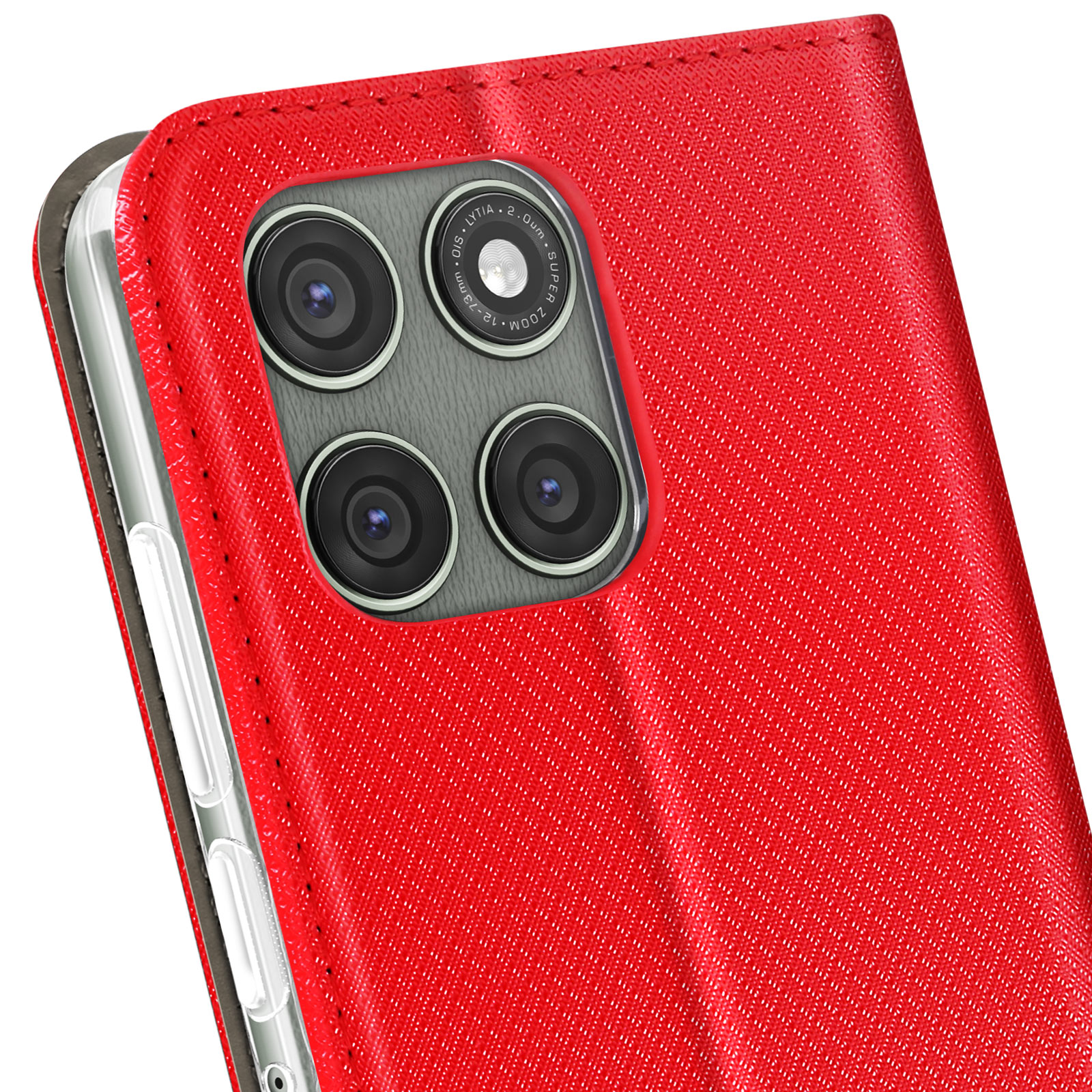 Primo piano di una custodia rossa per telefono con modulo fotocamera. La custodia ha una superficie strutturata. Le lenti della fotocamera sono visibili.