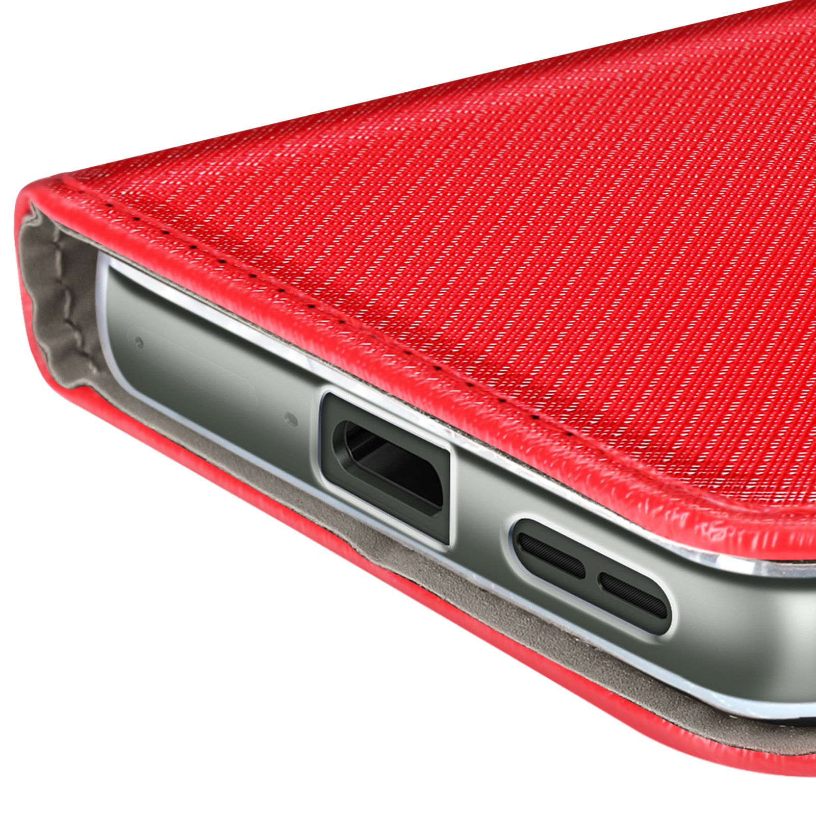 Primo piano di una custodia rossa per telefono con superficie strutturata. Il bordo argentato e la porta di ricarica sono visibili.