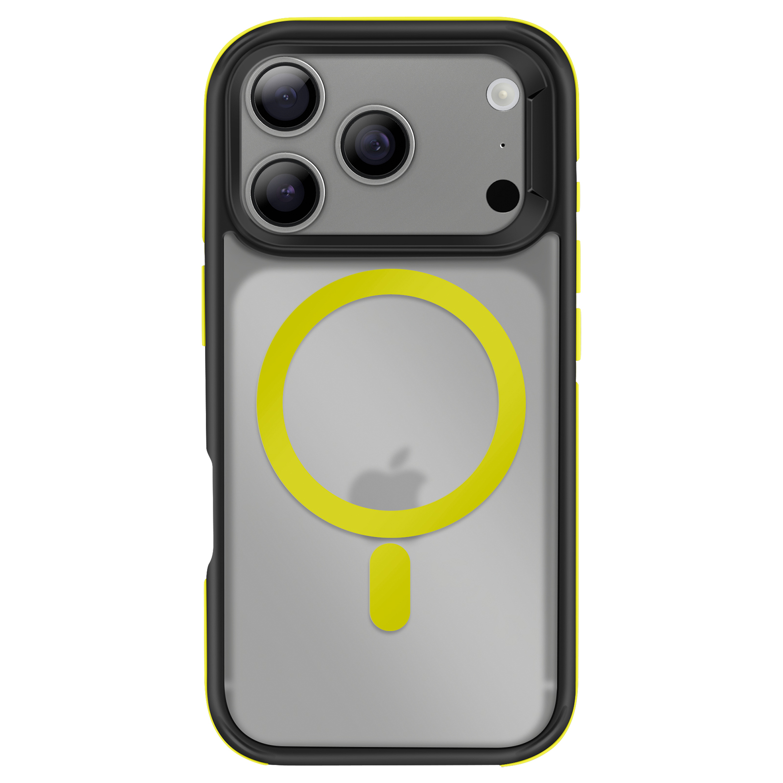 Una custodia per iPhone con dettagli gialli. Ha un design circolare giallo e un bordo nero. La fotocamera del telefono è visibile.