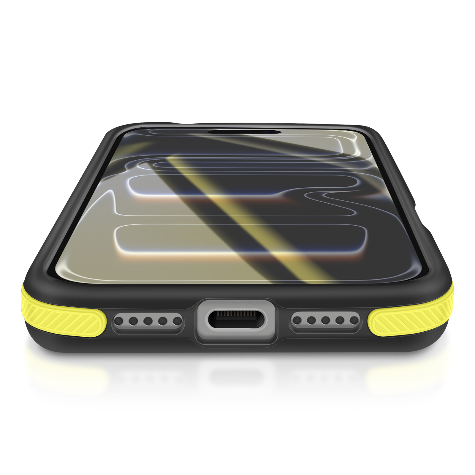 Uno smartphone nero in una custodia con dettagli gialli è appoggiato su una superficie bianca. Lo schermo mostra un design.