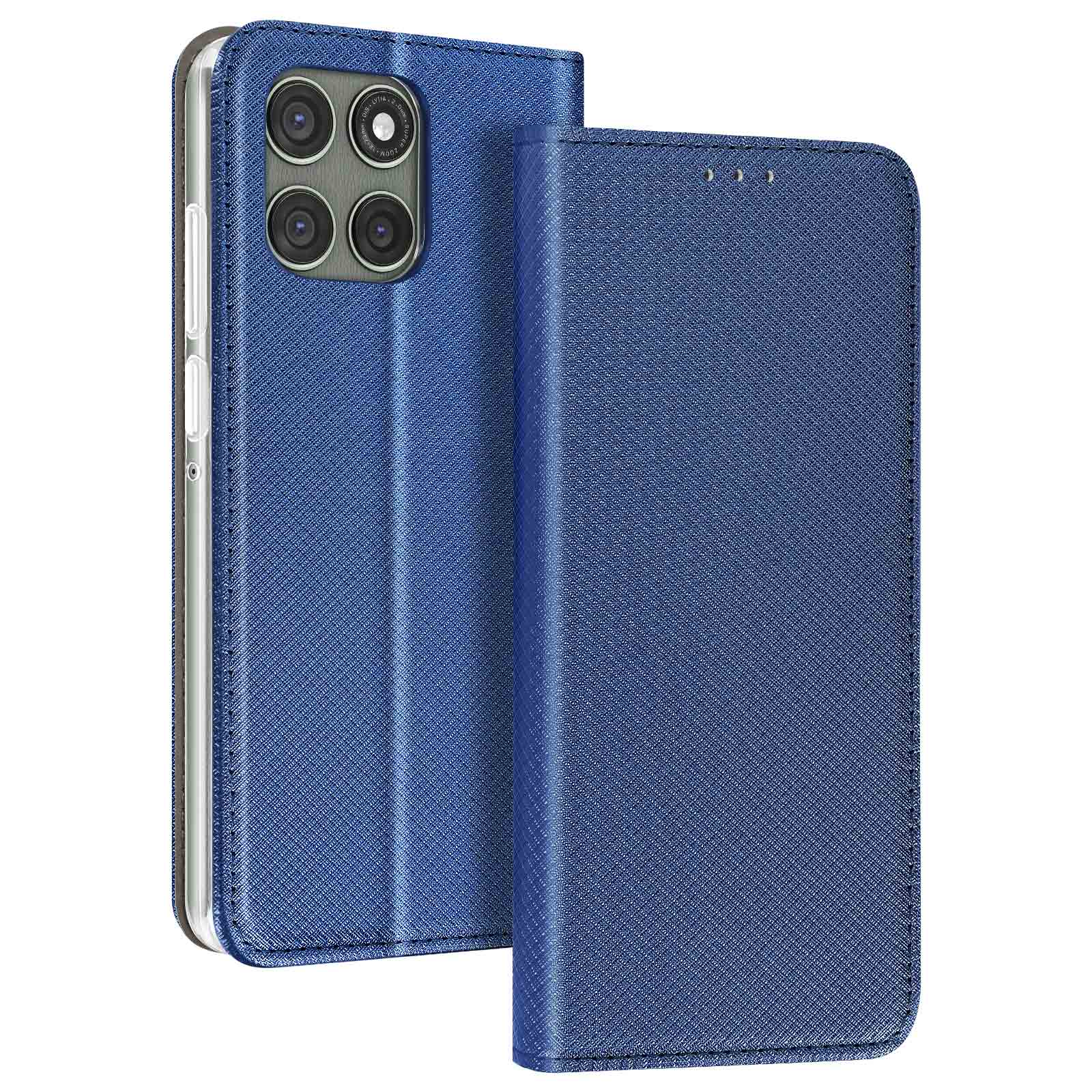 Custodia blu per telefono con motivo strutturato. Il retro mostra le lenti della fotocamera.
