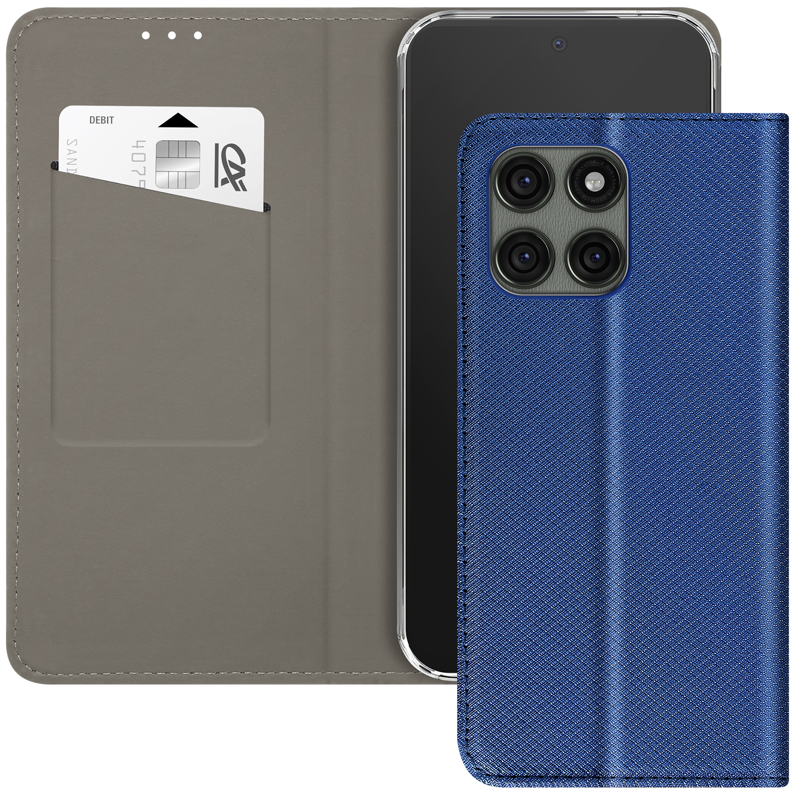 Uno smartphone in una custodia blu, con una carta di credito visibile. La custodia è aperta, rivelando lo schermo.