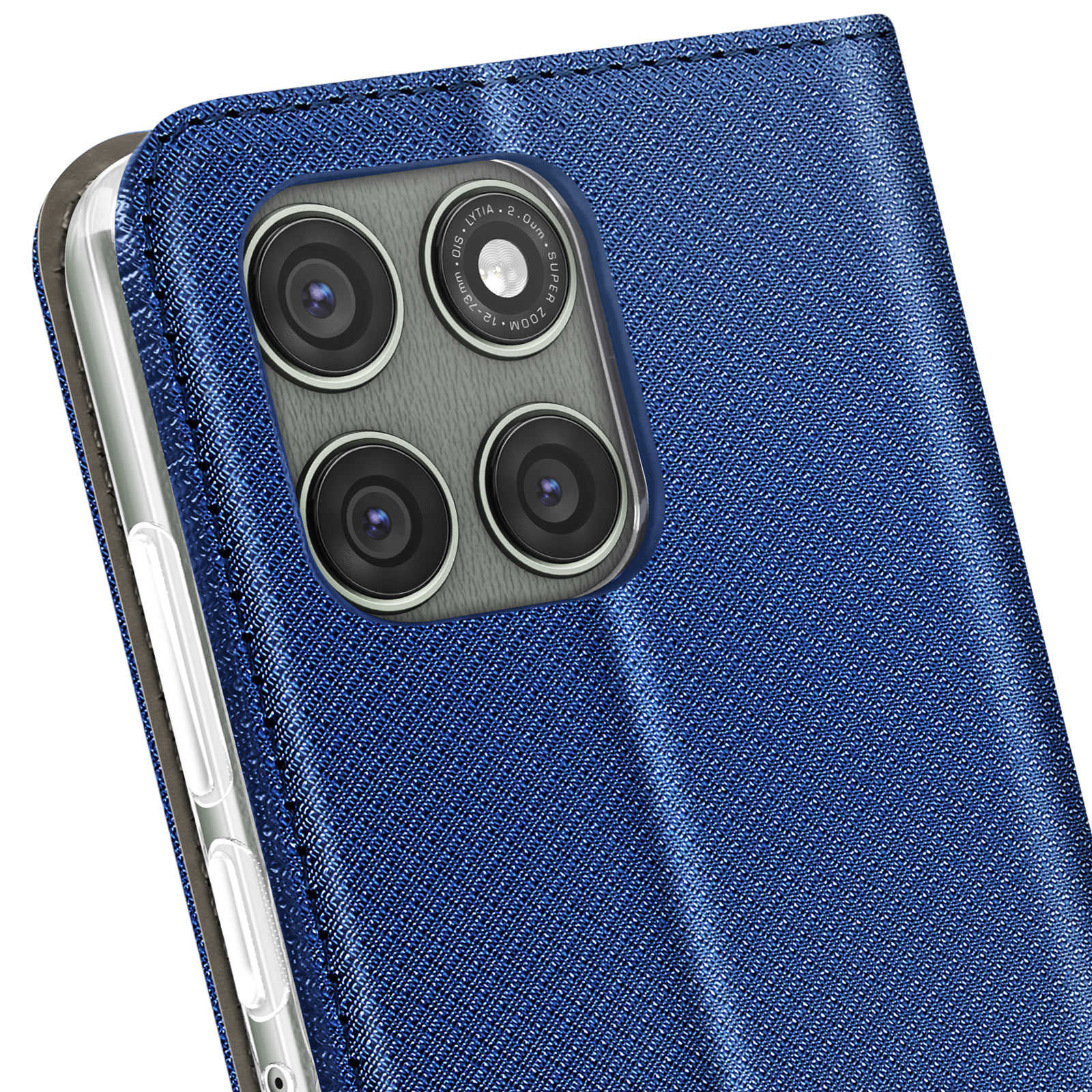 Primo piano di una custodia blu per telefono con modulo fotocamera e obiettivi multipli. La custodia ha un aspetto in tessuto strutturato.